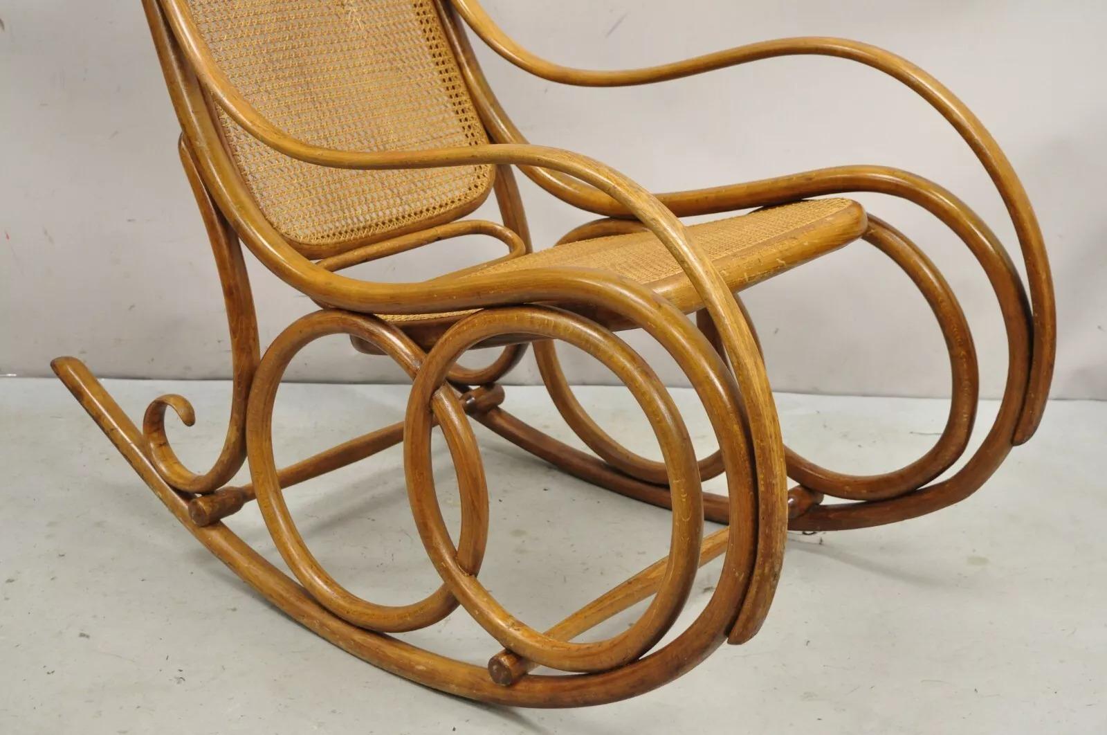 Art Nouveau Vintage Michael Thonet Style Oak Cane Rattan Bentwood Rocking Chair Rocker For Sale