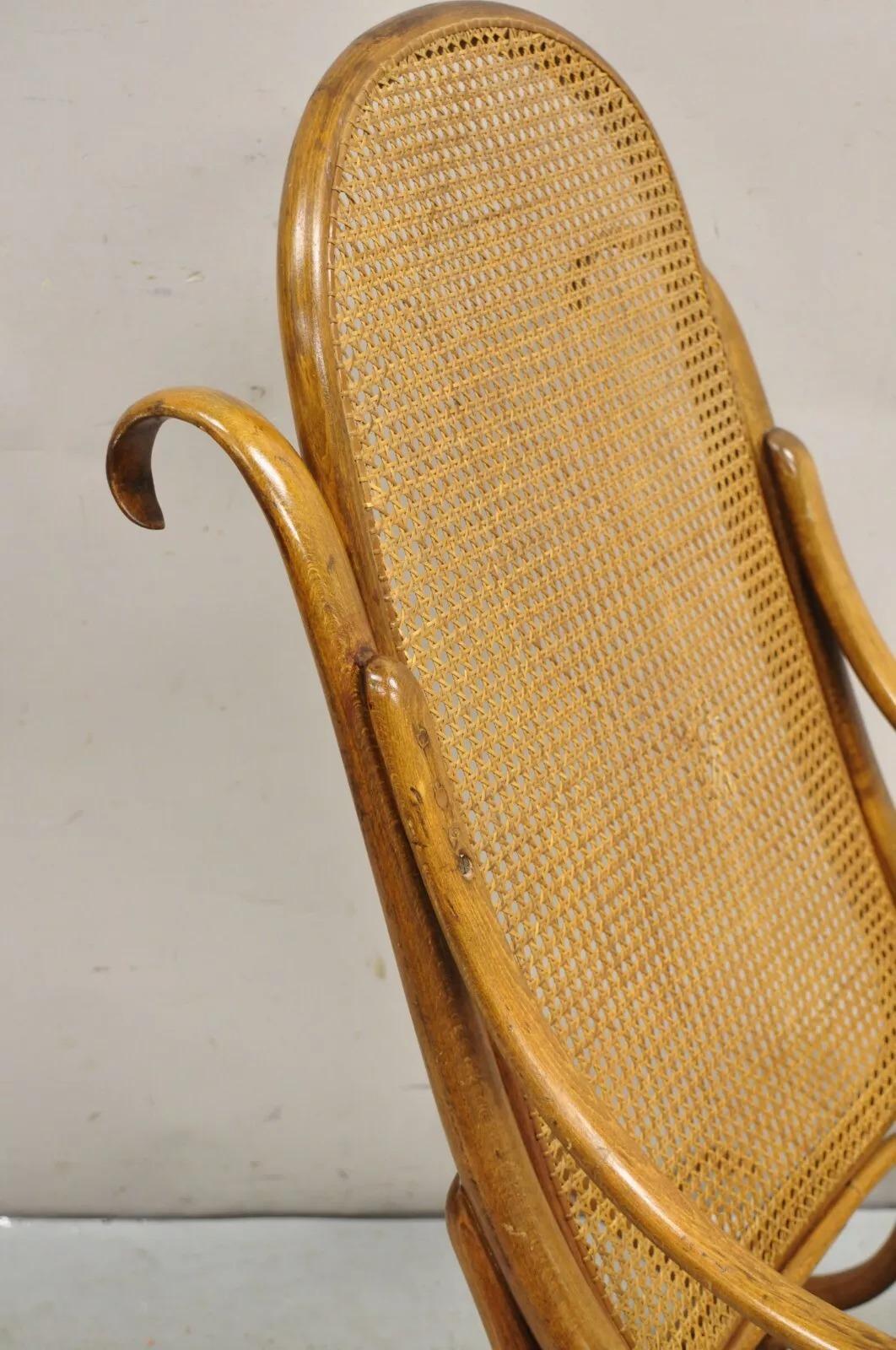 Unknown Vintage Michael Thonet Style Oak Cane Rattan Bentwood Rocking Chair Rocker For Sale