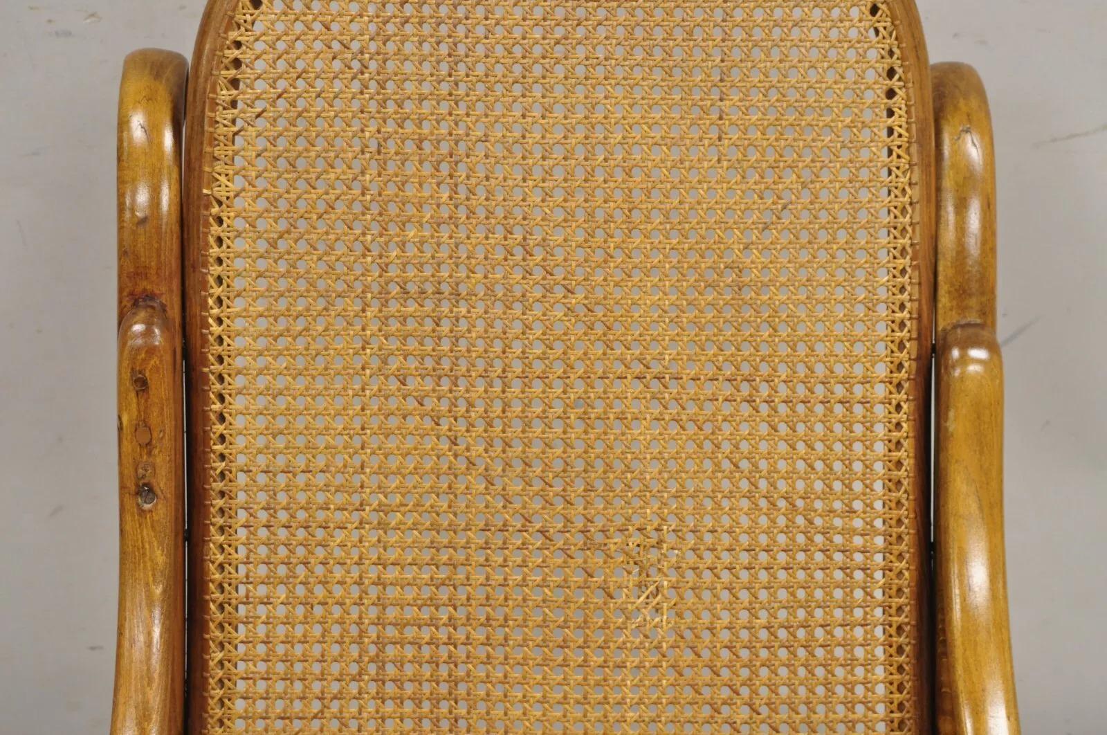 20th Century Vintage Michael Thonet Style Oak Cane Rattan Bentwood Rocking Chair Rocker For Sale