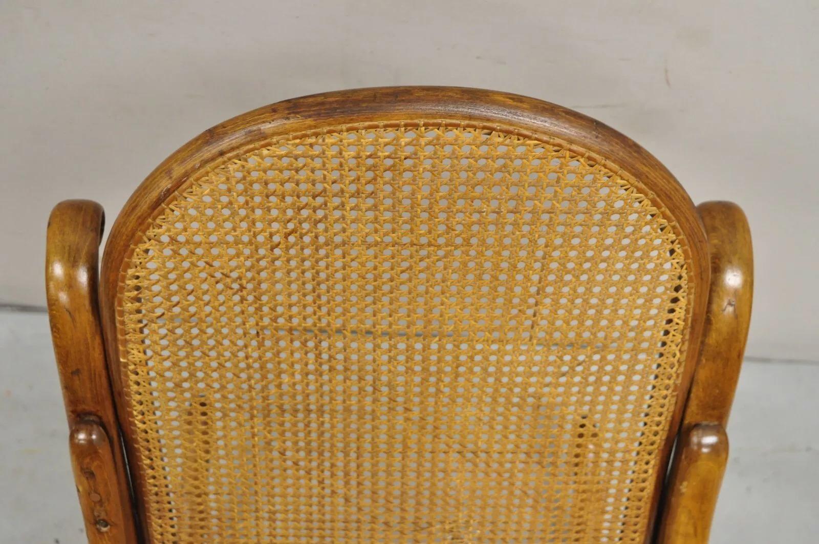 Vintage Michael Thonet Style Oak Cane Rattan Bentwood Rocking Chair Rocker For Sale 2
