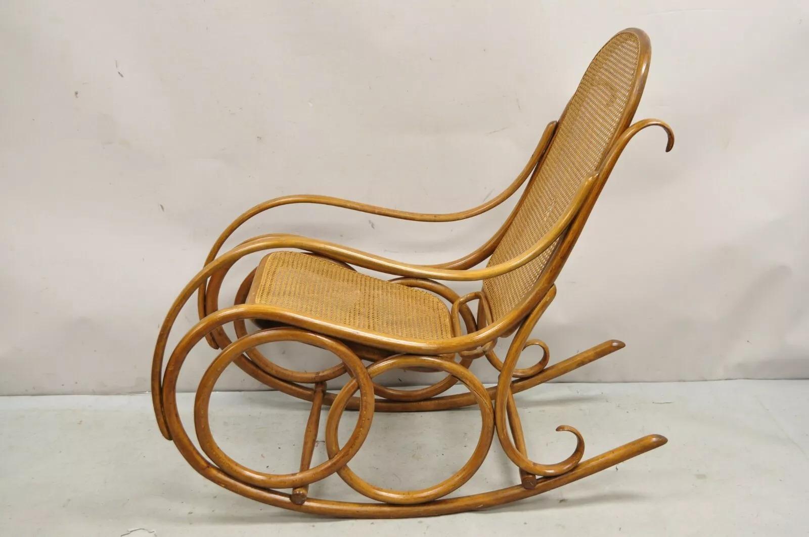 Vintage Michael Thonet Style Oak Cane Rattan Bentwood Rocking Chair Rocker For Sale 3