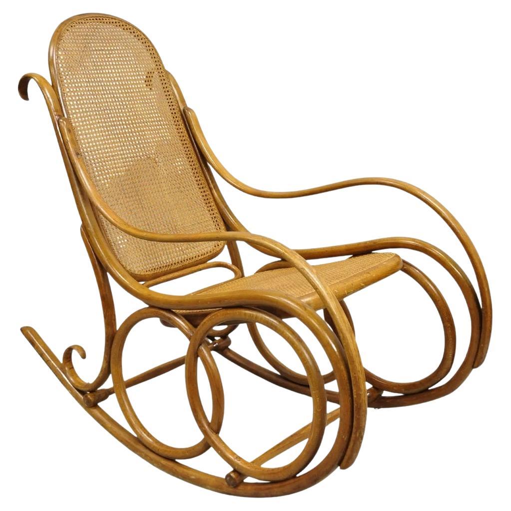 Vintage Michael Thonet Style Oak Cane Rattan Bentwood Rocking Chair Rocker
