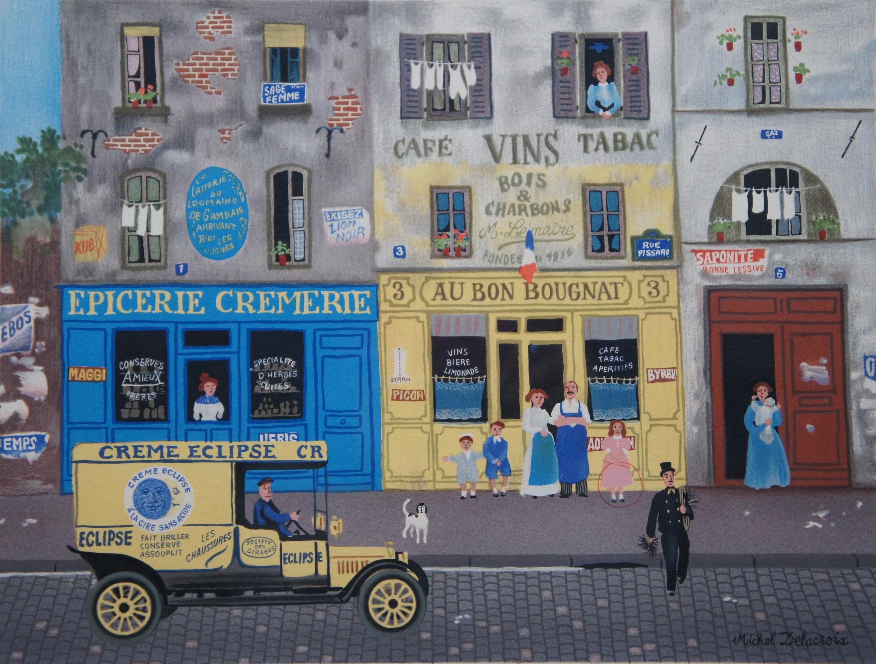 20th Century Vintage Michel Delacroix French Cityscape Lithograph Print Cafe Cremerie