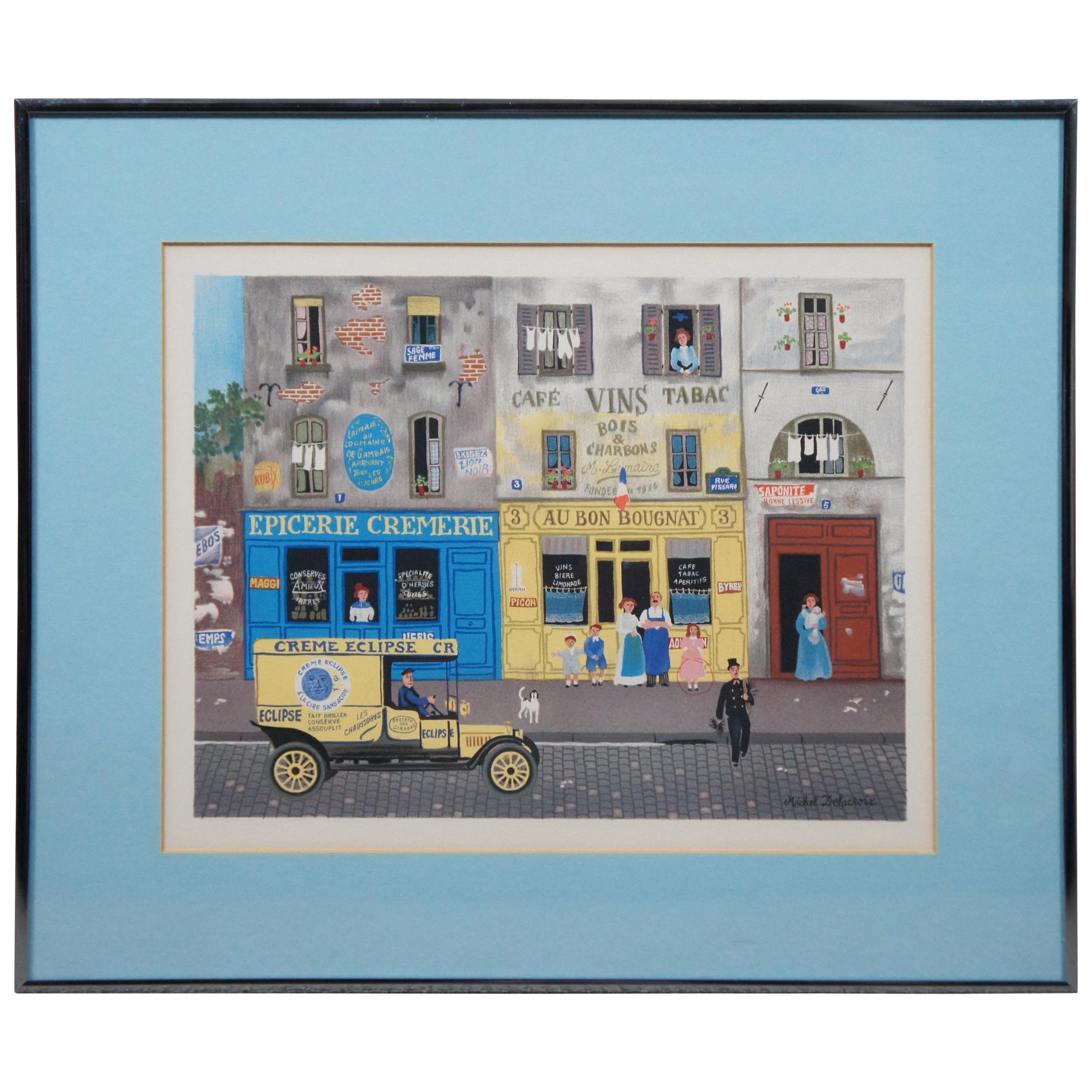 Vintage Michel Delacroix French Cityscape Lithograph Print Cafe Cremerie