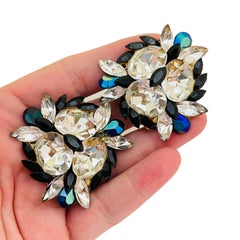 Vintage MICHELE SUGAR gold blue glass designer runway clip on earrings