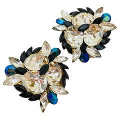 Vintage MICHELE SUGAR gold blue glass designer runway clip on earrings