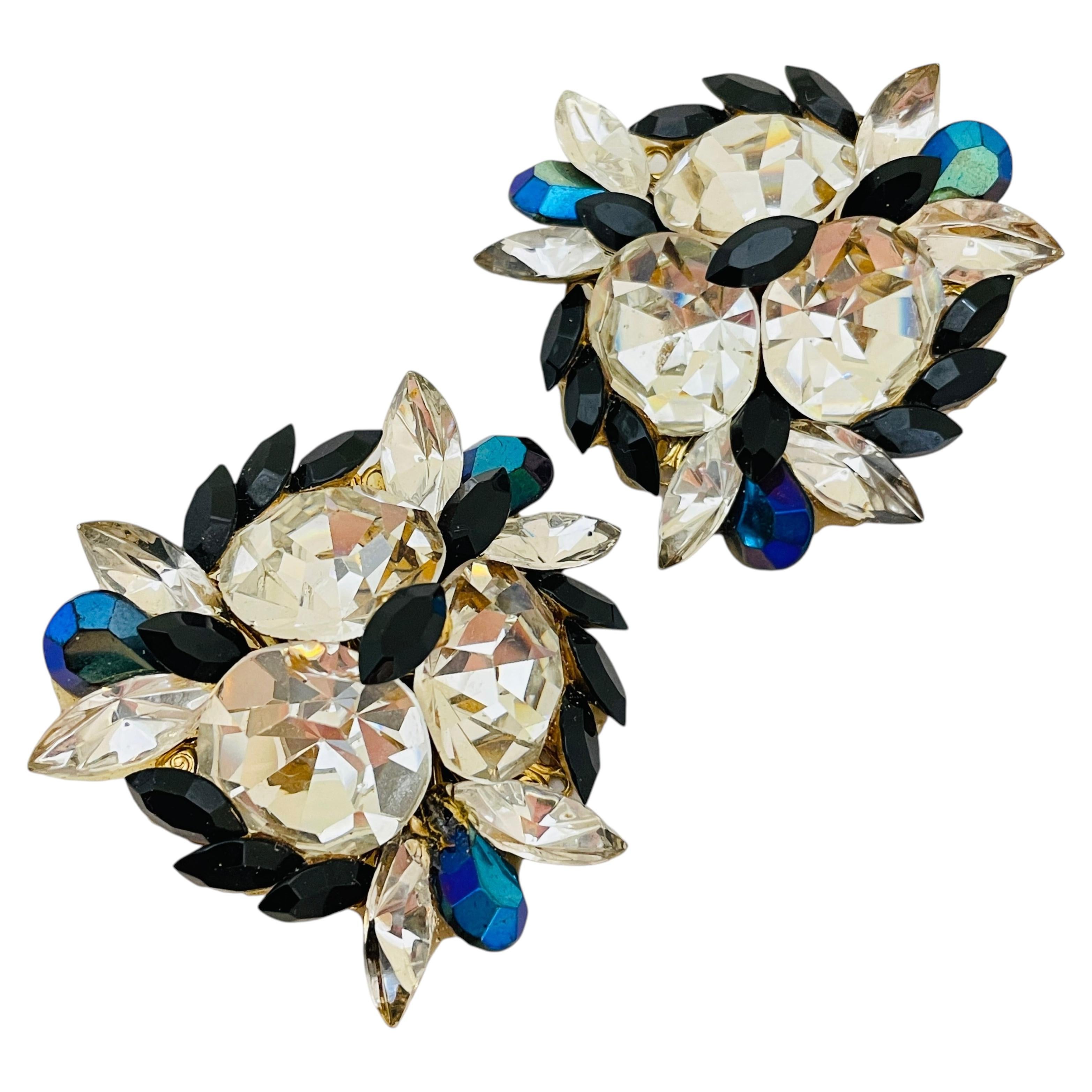 Vintage MICHELE SUGAR gold blue glass designer runway clip on earrings