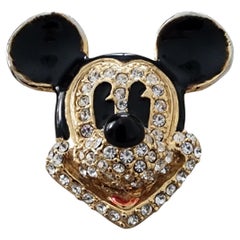 Vintage Mickey Mouse Rhinestone Brooch Gold Tone Black Enamel Disney Pin