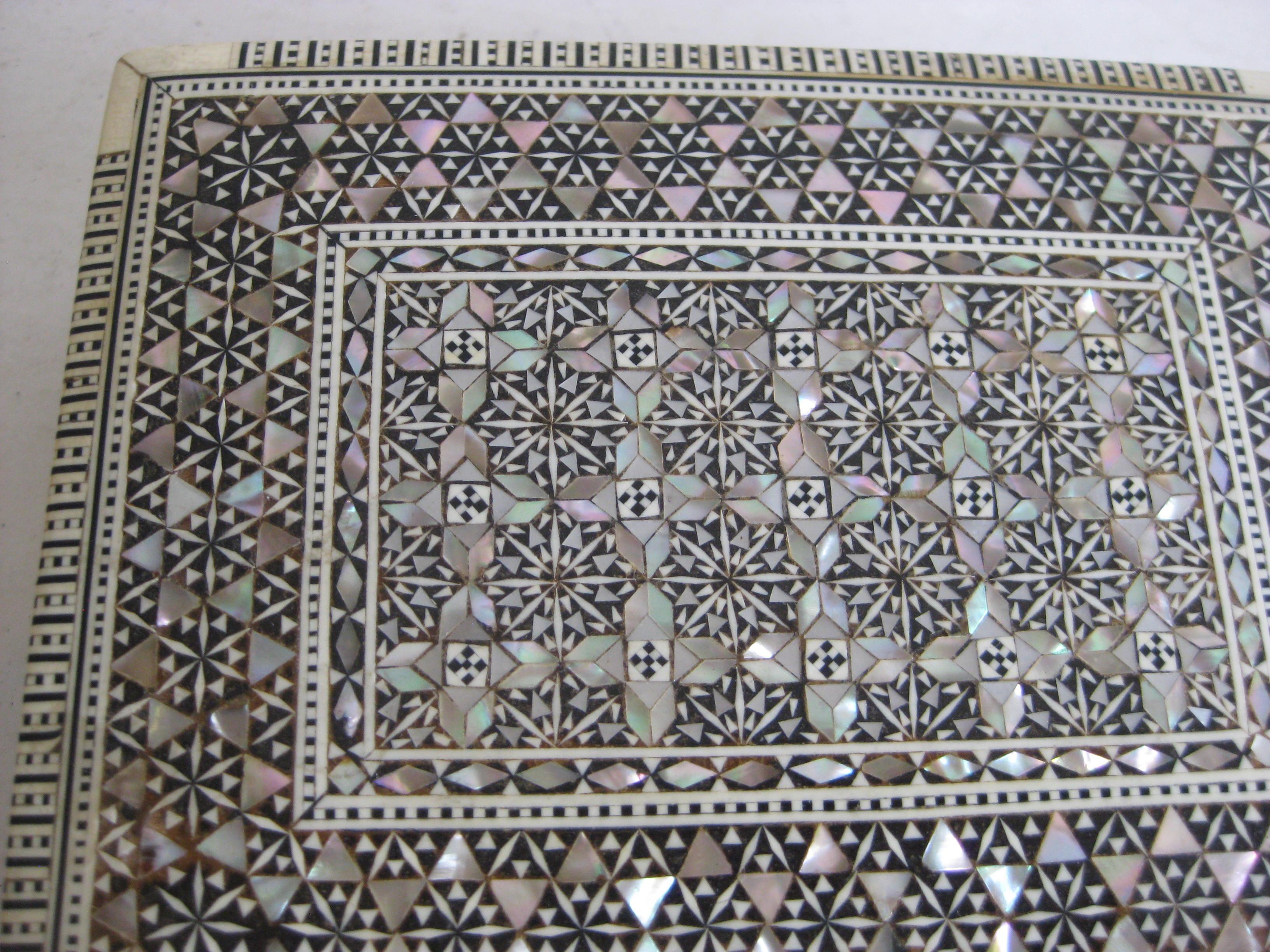 Moorish Vintage Micro Mosaic Marquetry Mother of Pearl Inlay Wooden Jewelry Trinket Box