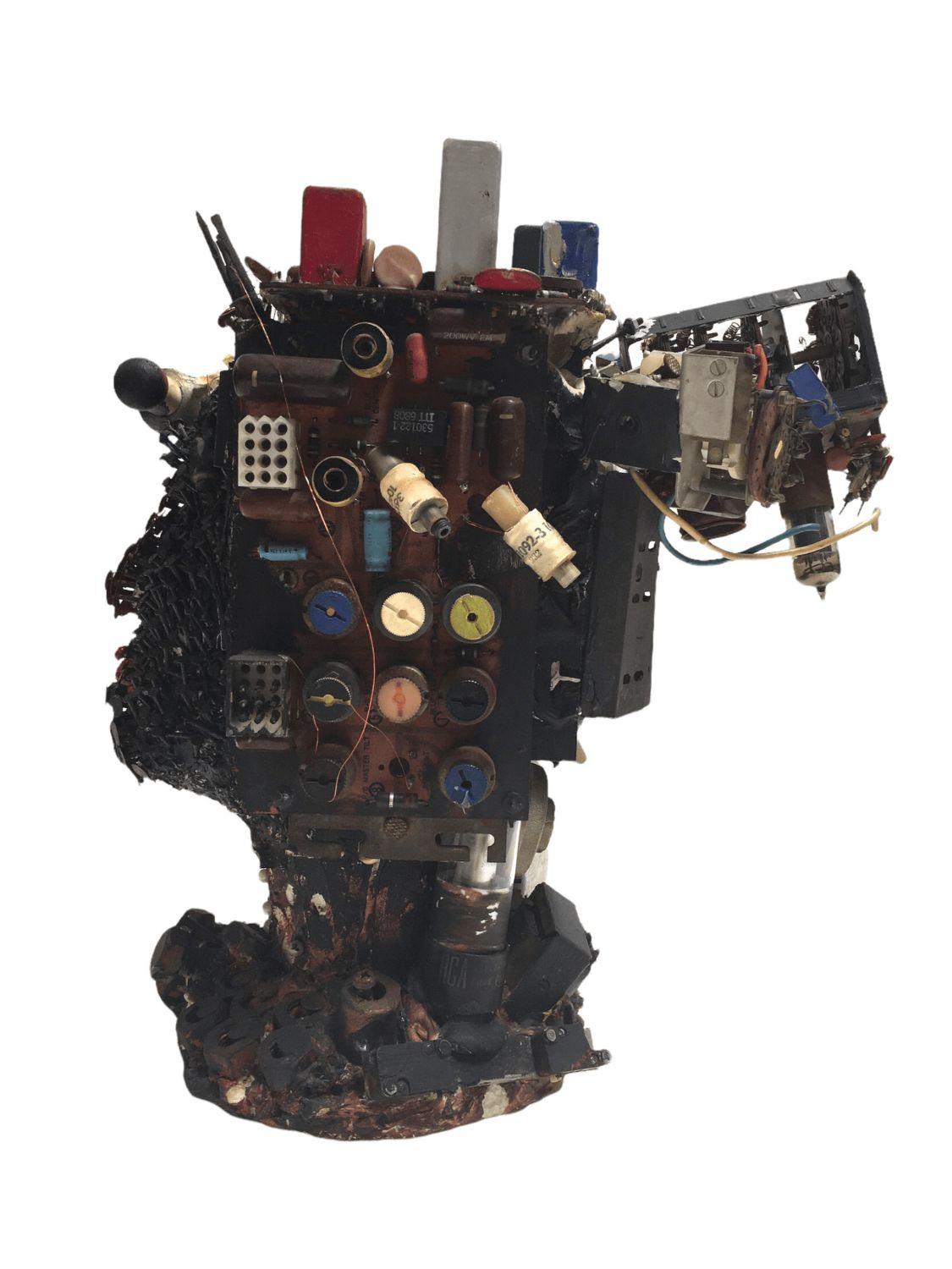 Scultura vintage di microchip con testa di donna. $1,275
 
Questa opera d'arte astratta presenta una testa femminile fatta di chiodi, viti, schede elettroniche e altri materiali casuali fissati su una testa di polistirolo. Sulle 