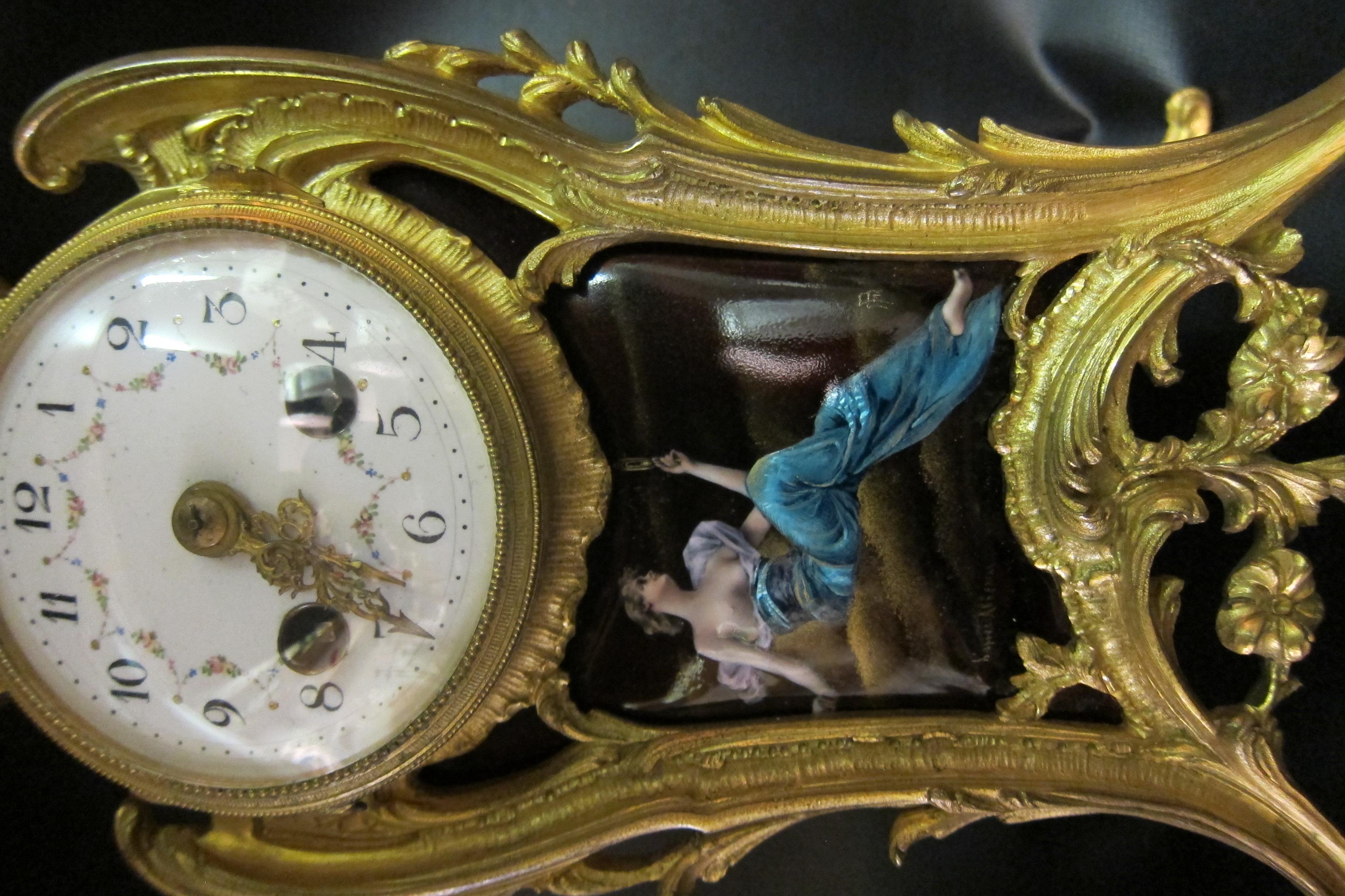 Vintage Mid-19th Century French Gilt Bronze and Enamel Boudoir Clock For Sale 1