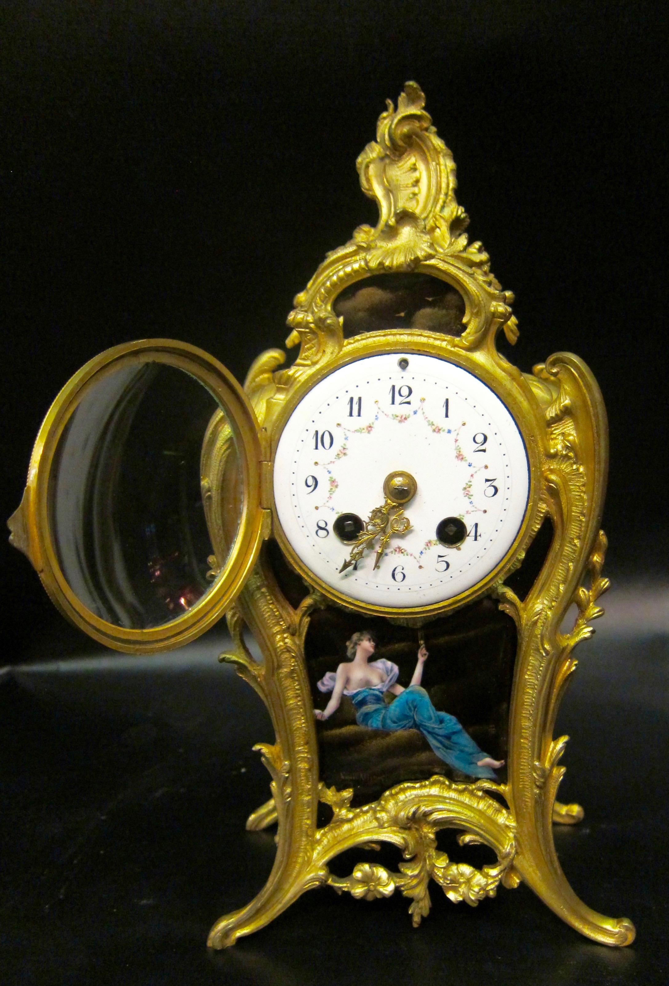 Vintage Mid-19th Century French Gilt Bronze and Enamel Boudoir Clock For Sale 3