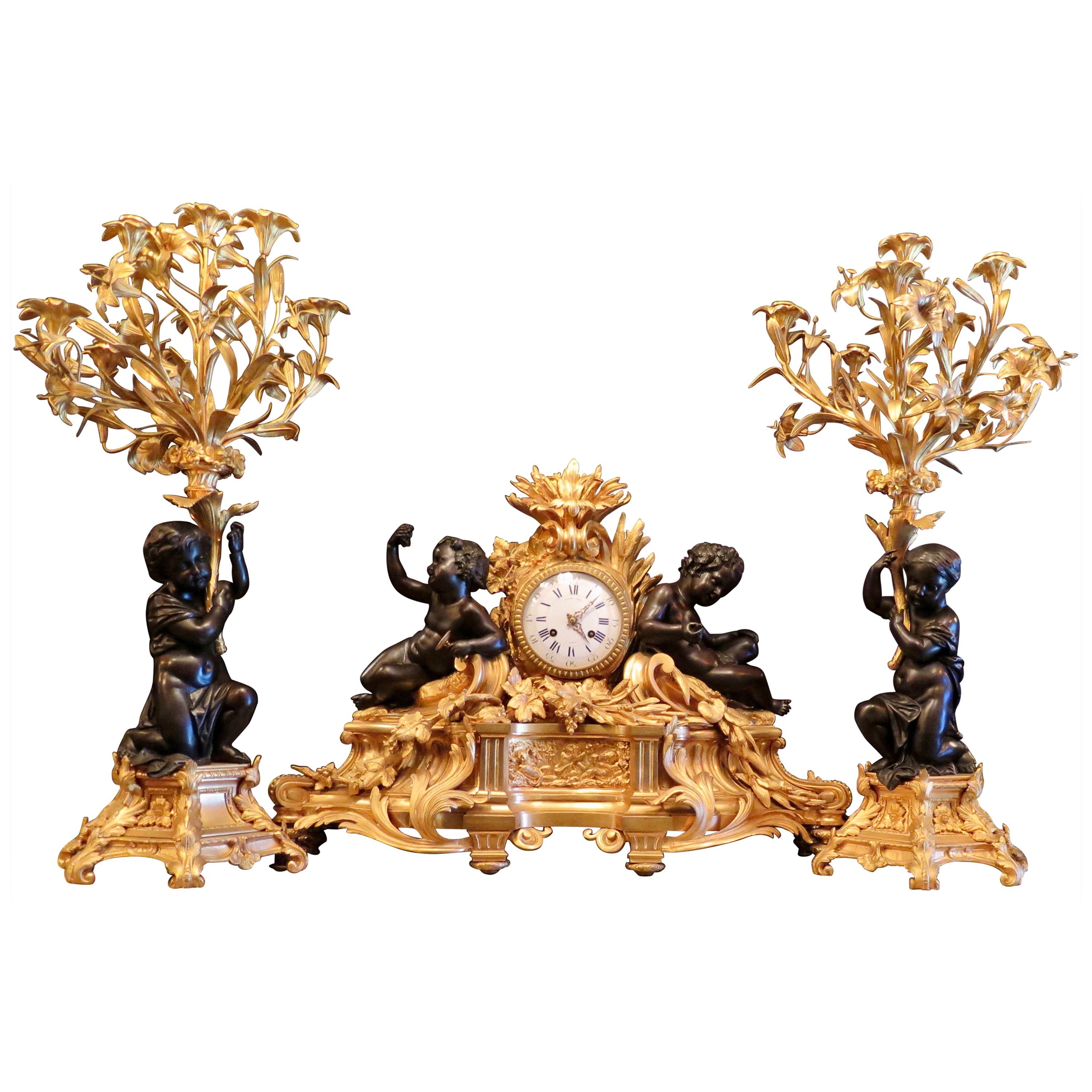 Vintage-Garnitur-Uhr-Set in Palace-Größe, Mitte des 19. Jahrhunderts, Vintage