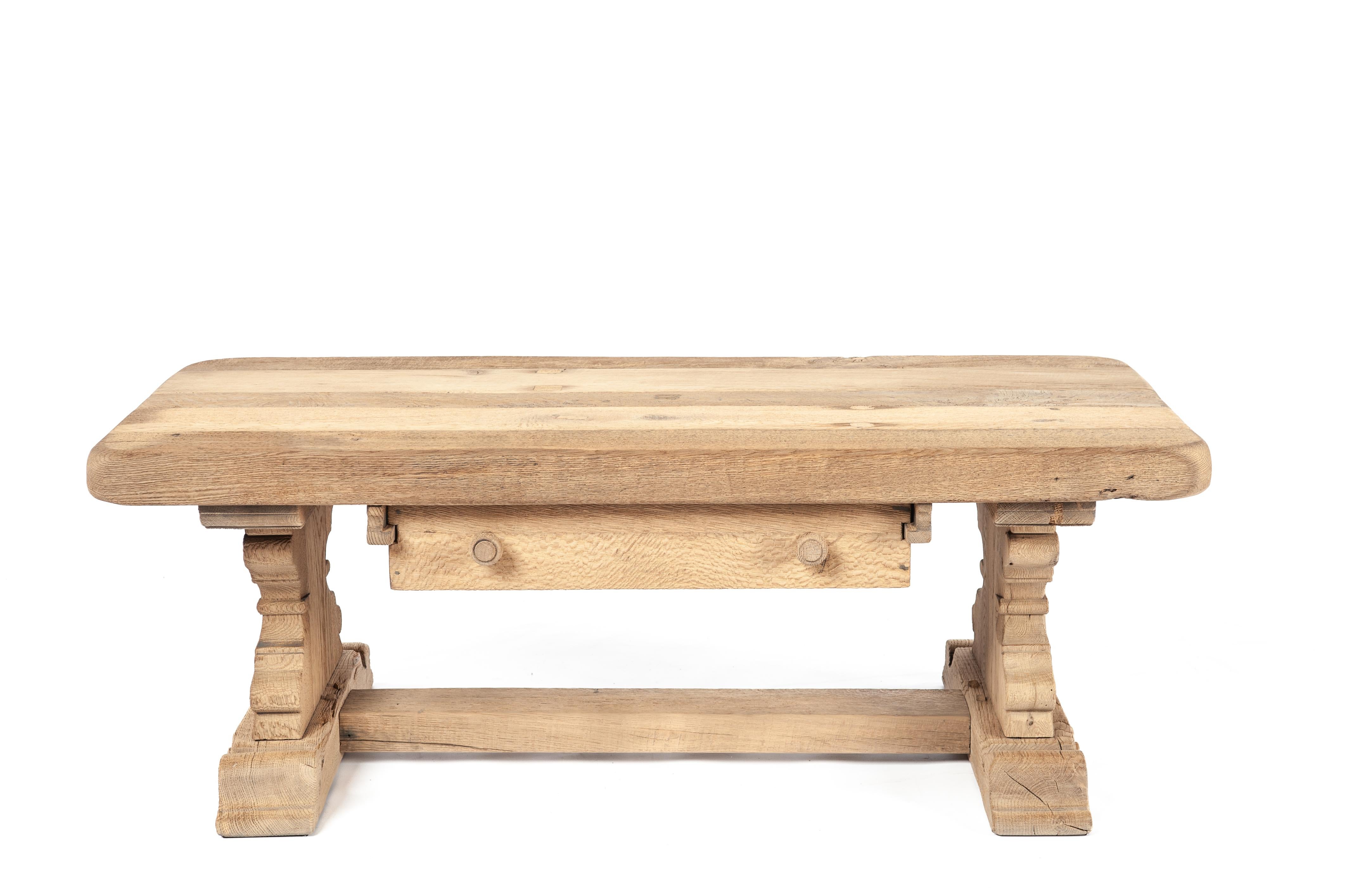 Dutch Vintage Mid 20h Century Solid Weathered Oak rustic Coffee Table with Drawer For Sale