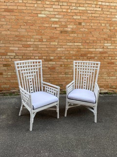 Vintage Mid 20th C. Boho Mackintosh Style White Rattan High-Back Lounge Chairs