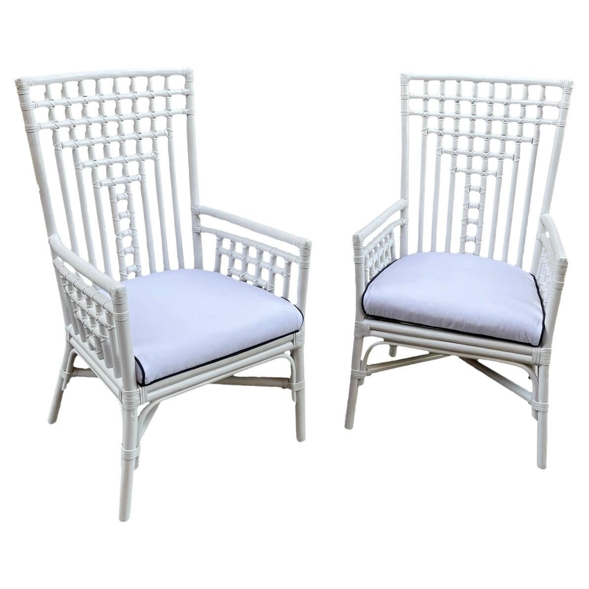 Pair of Vintage Rattan Chairs w/ Kuba Cloth Upholstery at 1stDibs