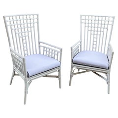 Vintage Mid 20th C. Boho Mackintosh Style White Rattan High-Back Lounge Chairs