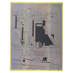 Vintage Mid-20th Century Abstract Grey Industrial Ship Channel Serigraph