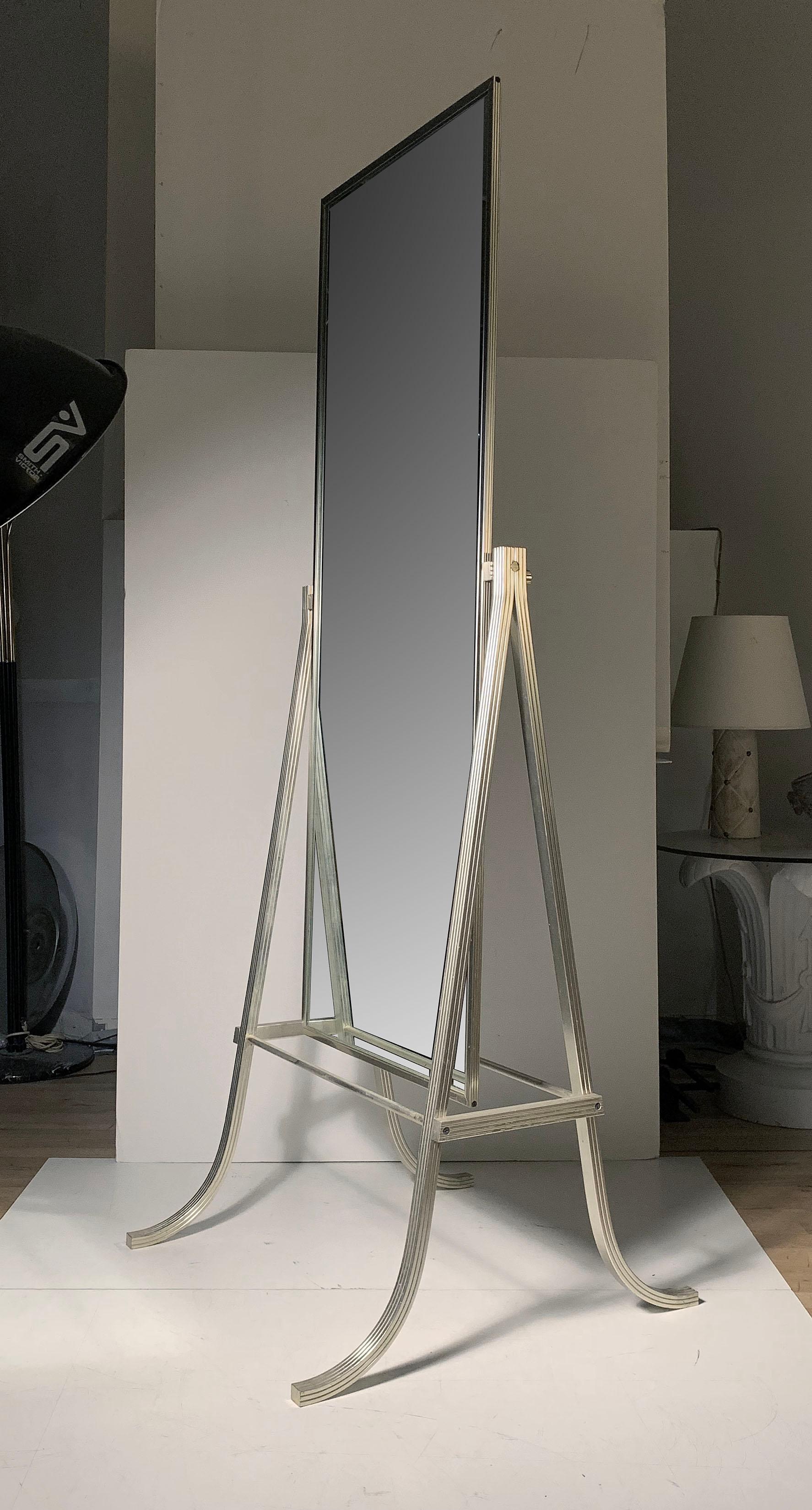 Unusual Vintage mid-20th century industrial modern designer dressing mirror.

In the manner of Milo Baughman & Tommi Parzinger

The actual mirror dimensions are 20 5/8