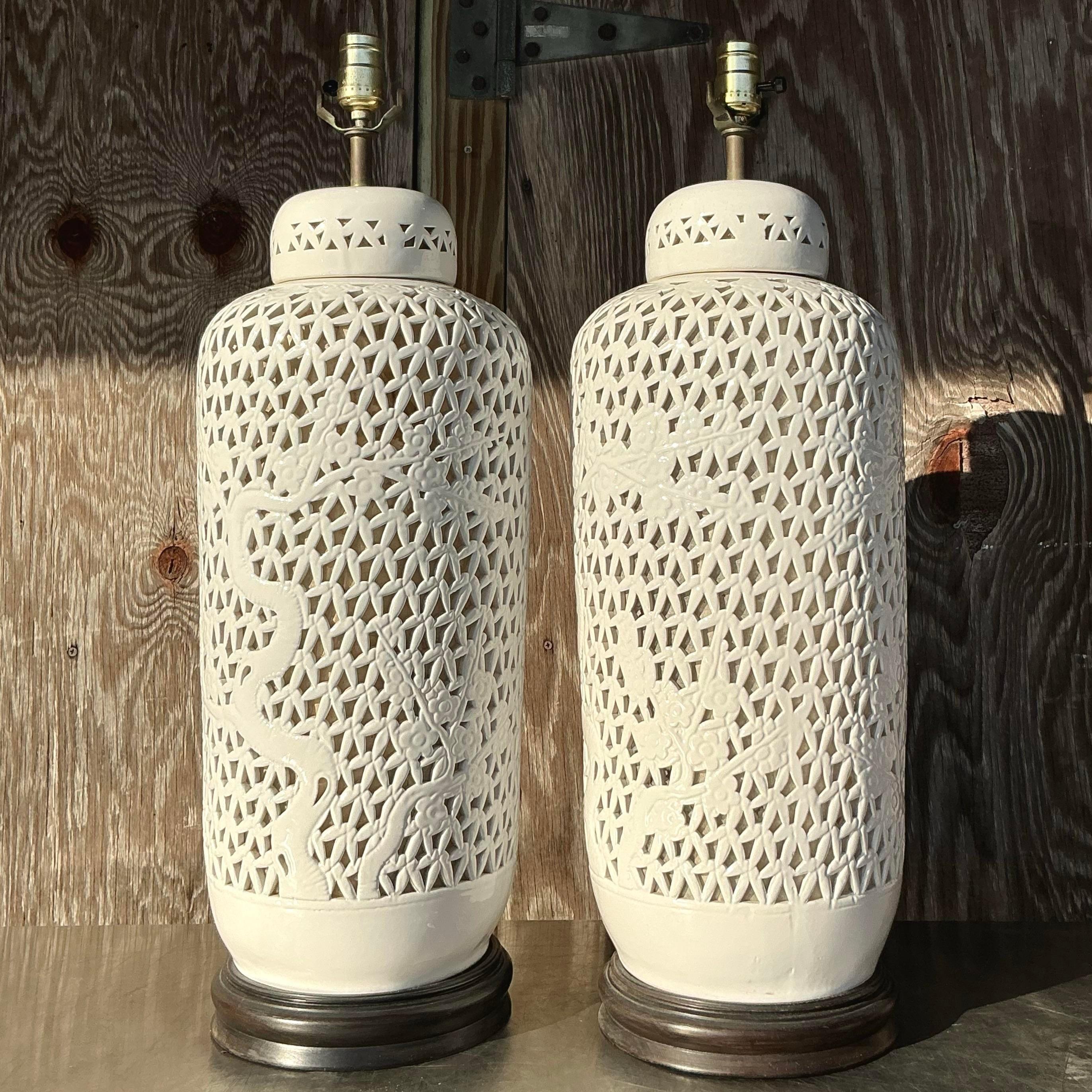 American Vintage Mid 20th Century Asian Blanc De Chine Pierced Ceramic Lamps - a Pair For Sale