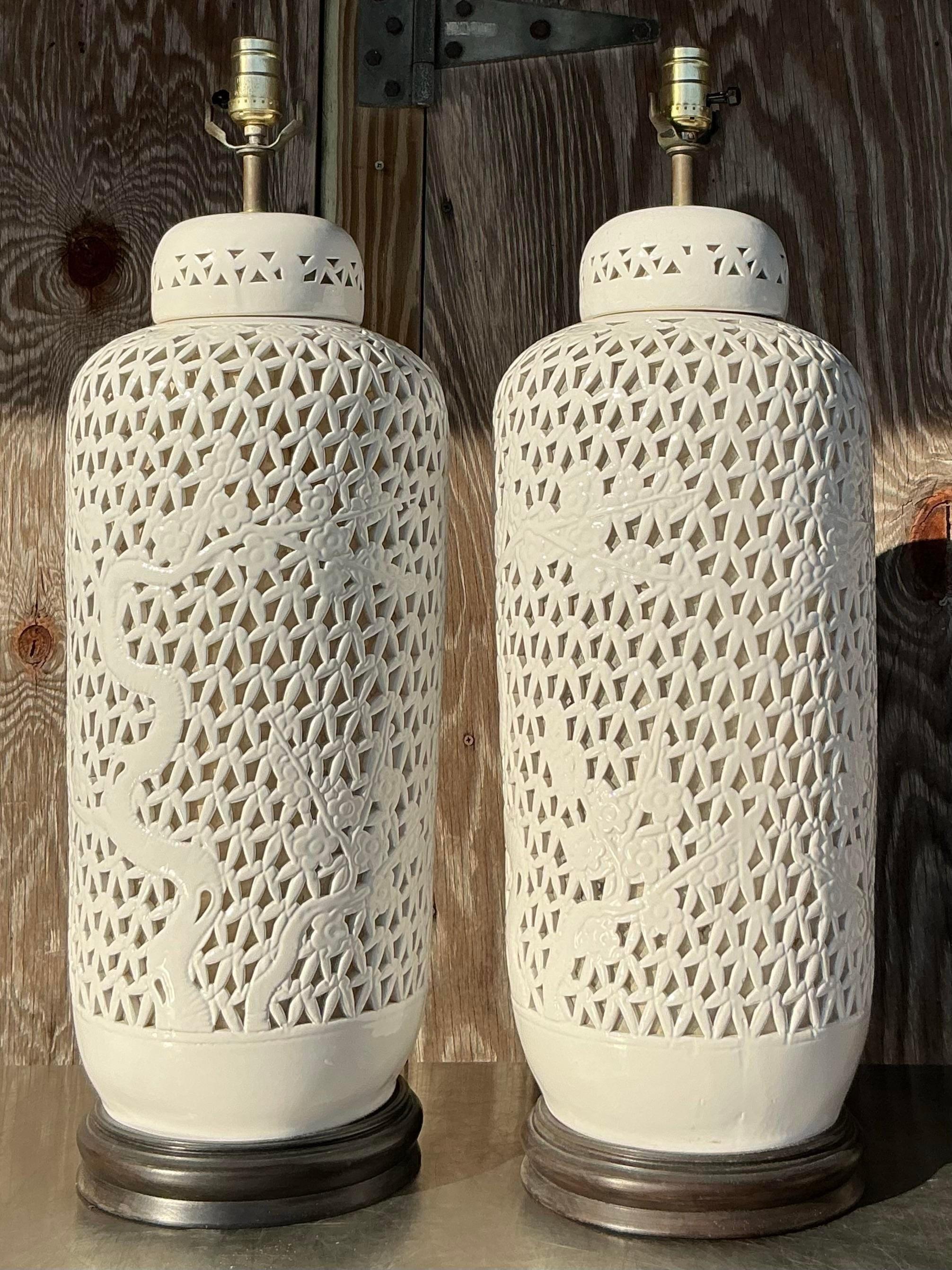 Vintage Mid 20th Century Asian Blanc De Chine Pierced Ceramic Lamps - a Pair For Sale 2