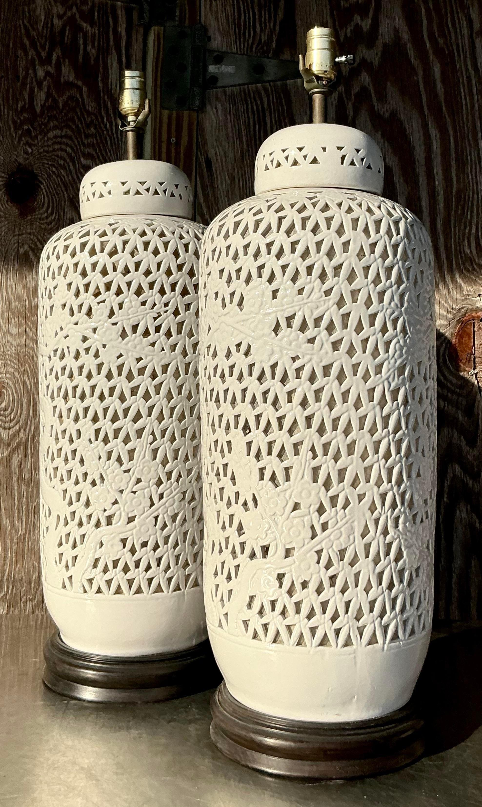 Vintage Mid 20th Century Asian Blanc De Chine Pierced Ceramic Lamps - a Pair For Sale 3