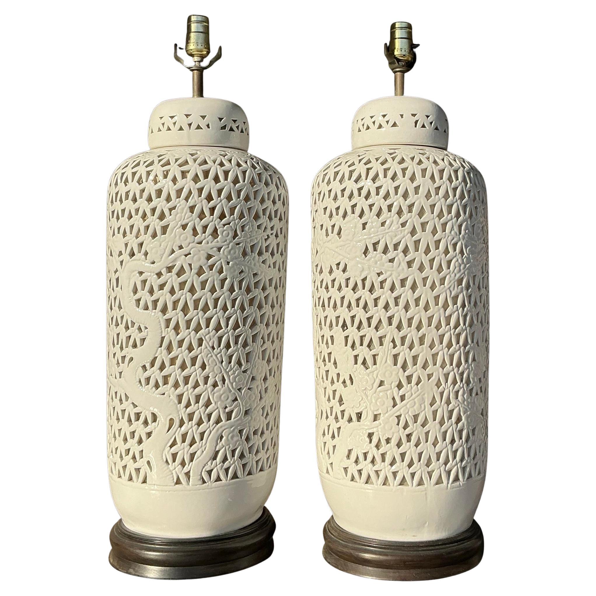 Vintage Mid 20th Century Asian Blanc De Chine Pierced Ceramic Lamps - a Pair For Sale