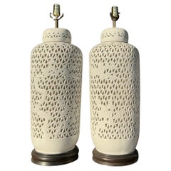 Vintage Mid 20th Century Asian Blanc De Chine Pierced Ceramic Lamps - a Pair