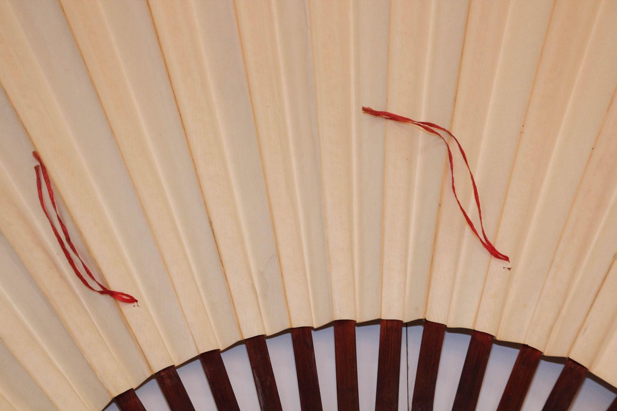 Vintage Mid-20th Century Asian Hand Painted Folding Large Wall Fan For Sale 4