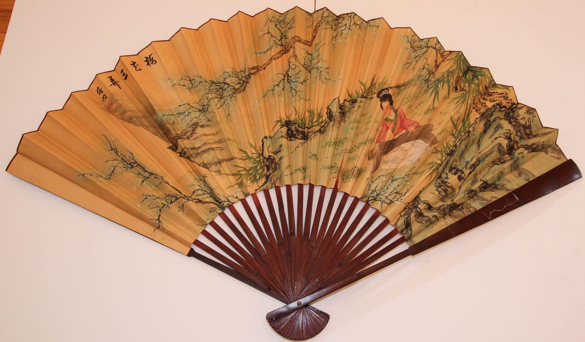 Vintage Mid-20th Century Asian Hand Painted Folding Large Wall Fan For Sale 7