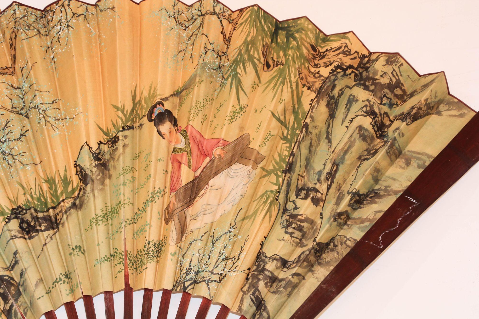 Paper Vintage Mid-20th Century Asian Hand Painted Folding Large Wall Fan For Sale