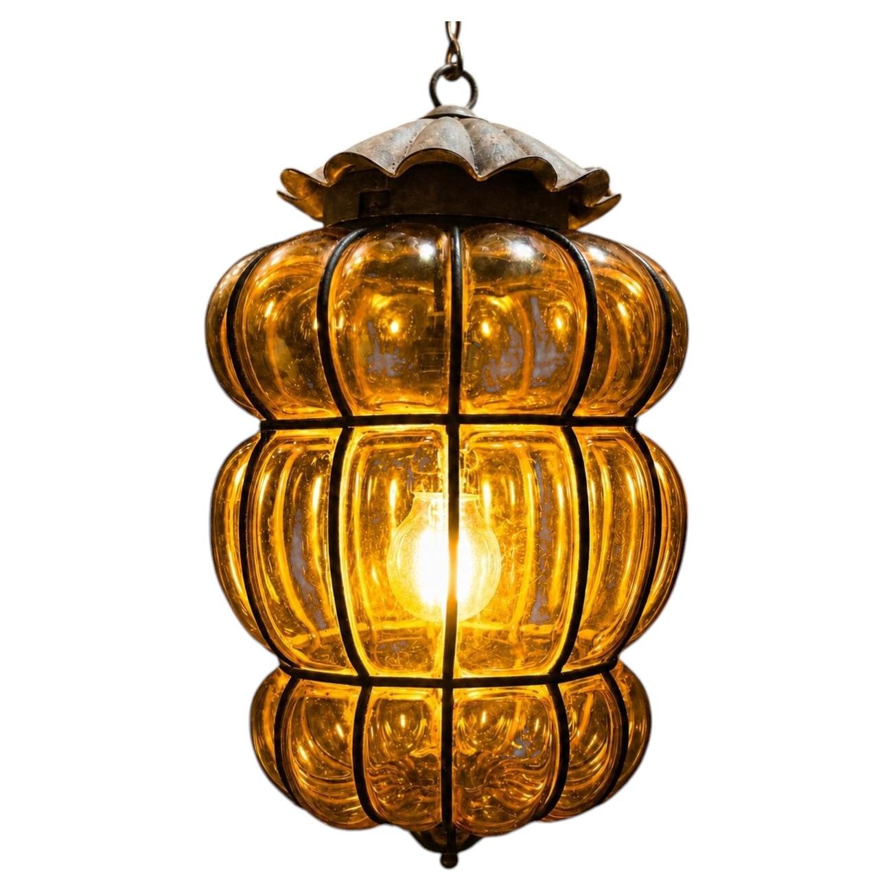 Vintage Mid 20th Century Blown Murano Amber Glass Cage Lantern