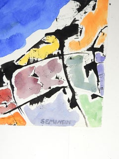 Vintage Mid 20th Century Blue Color Block Abstract Watercolor Painting