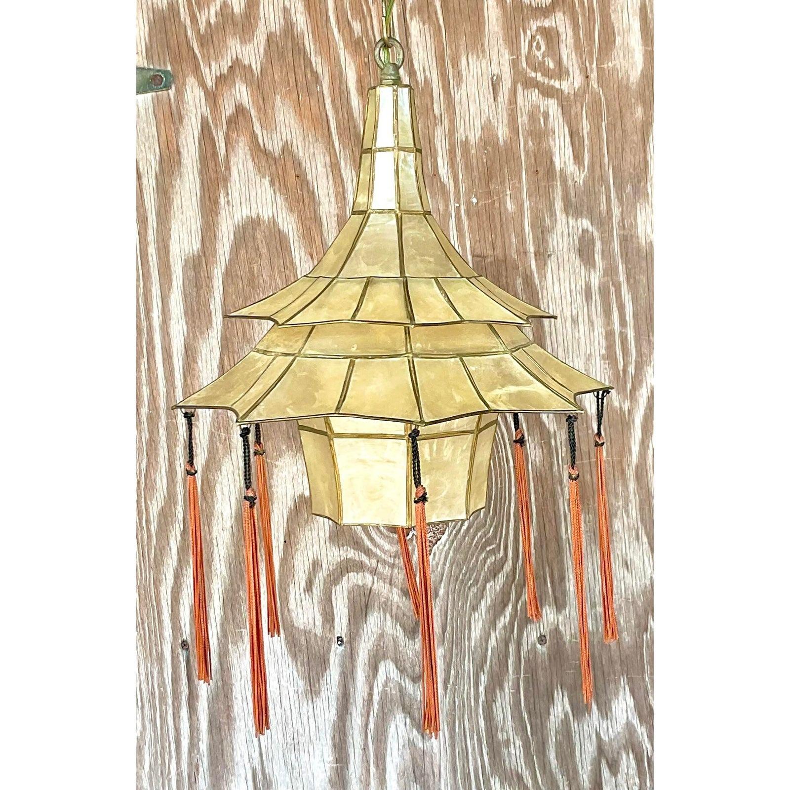 North American Vintage Mid-20th Century Boho Capiz Shell Pagoda Pendant For Sale