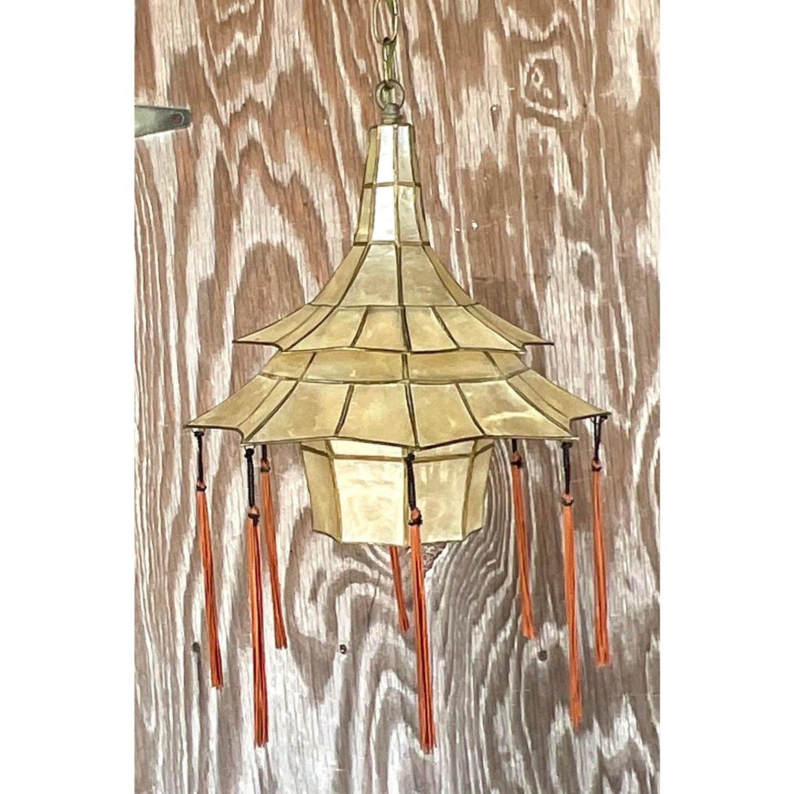 Vintage Mid-20th Century Boho Capiz Shell Pagoda Pendant For Sale 1