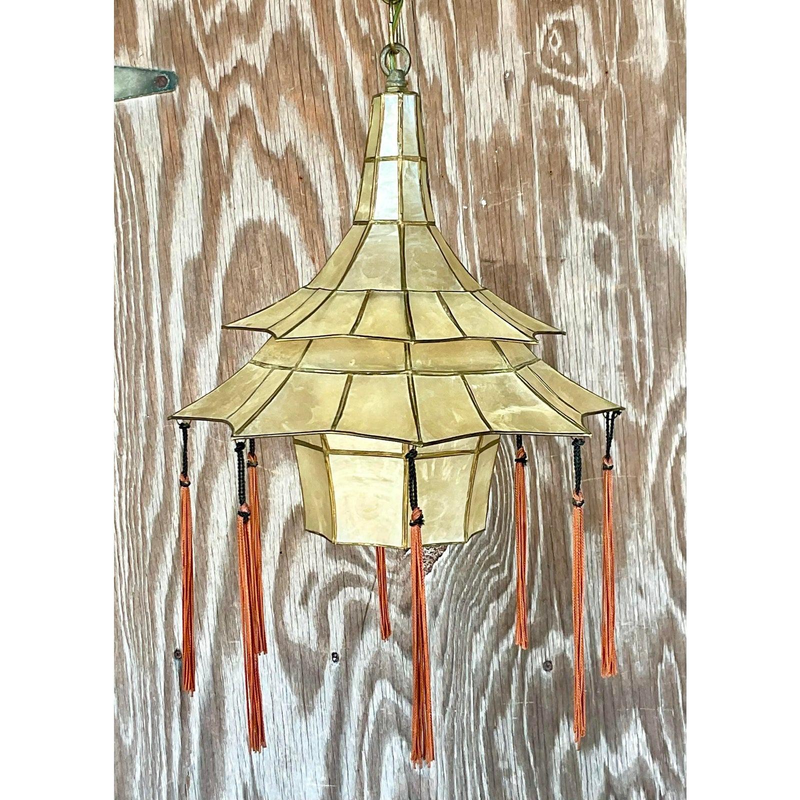 Vintage Mid-20th Century Boho Capiz Shell Pagoda Pendant For Sale 3