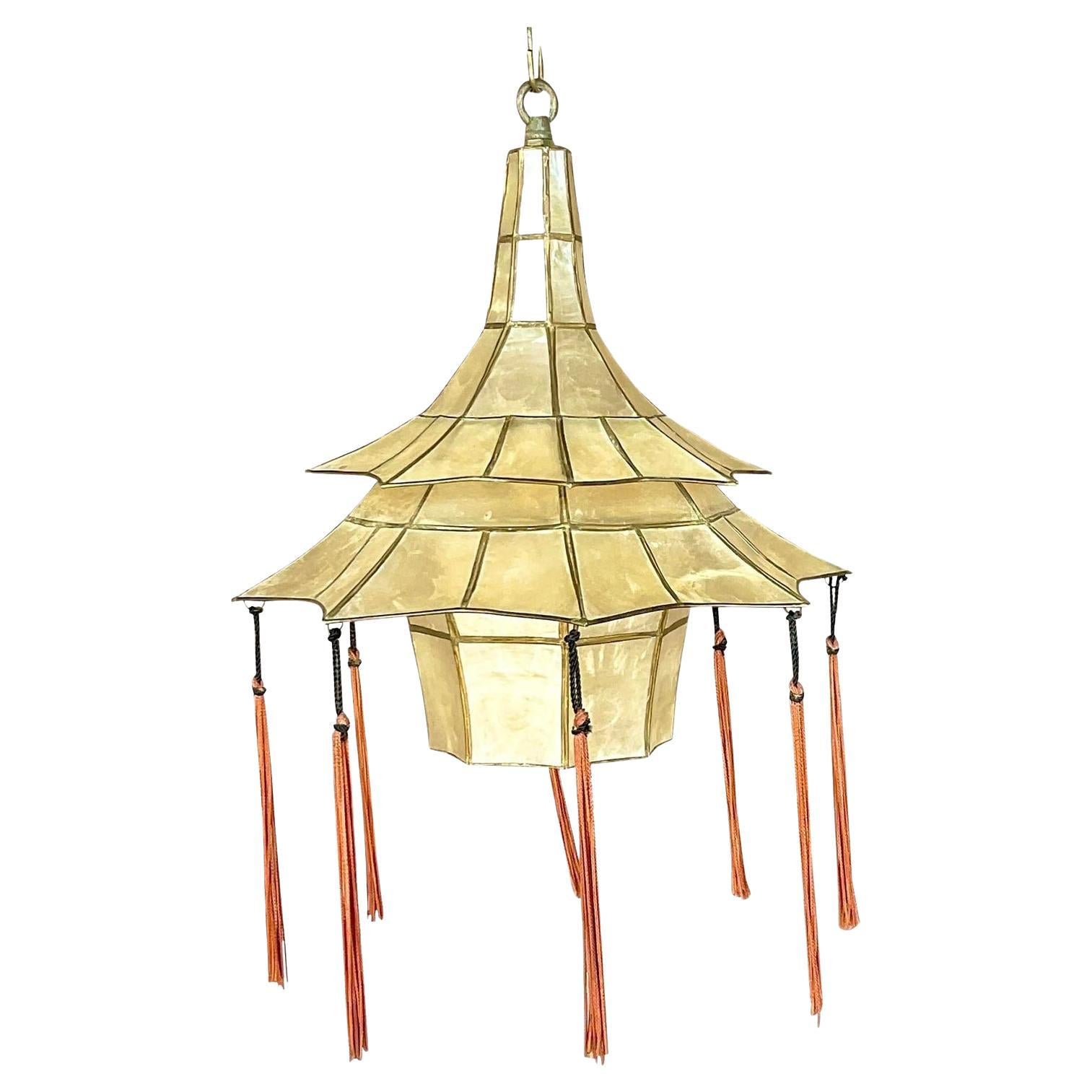 Vintage Mid-20th Century Boho Capiz Shell Pagoda Pendant For Sale
