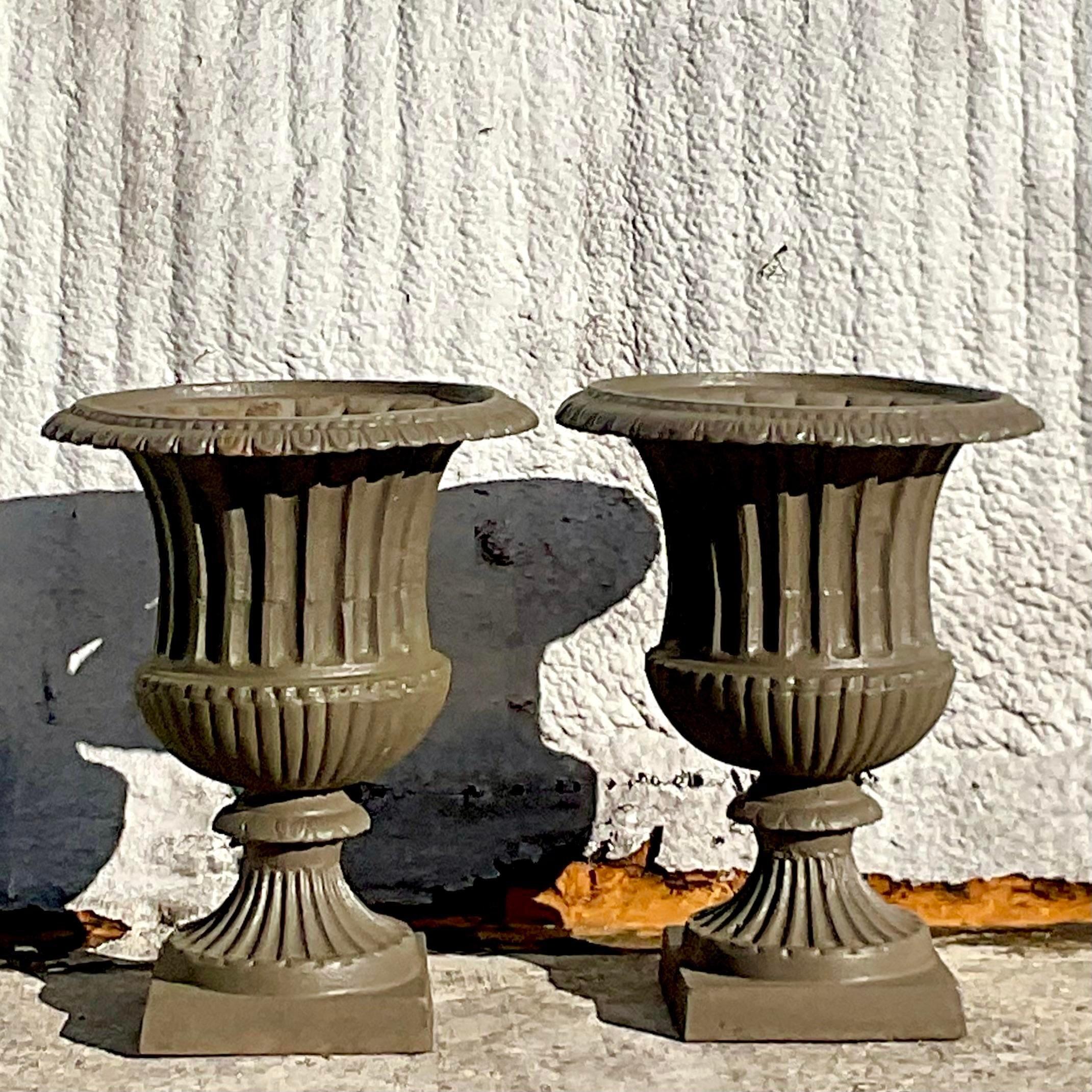 Vintage Mid 20th Century Boho Wrought Iron Urns - a Pair In Good Condition For Sale In west palm beach, FL