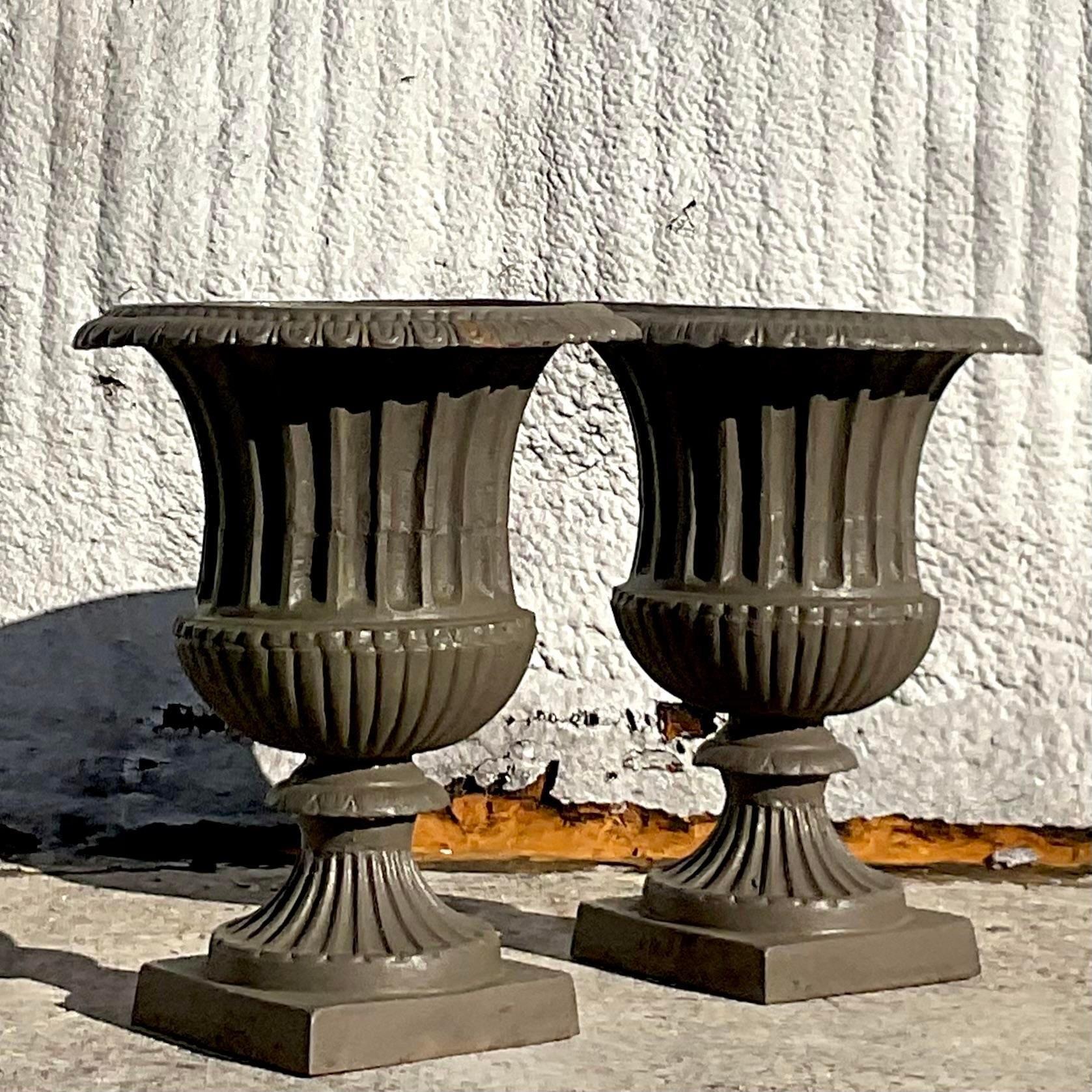 Vintage Mid 20th Century Boho Wrought Iron Urns - a Pair For Sale 1