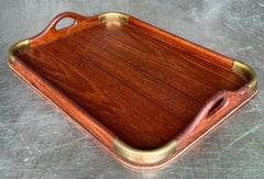 Vintage Mid 20th Century Brass Corner Teak Tray