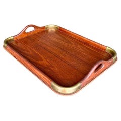 Vintage Mid 20th Century Brass Corner Teak Tray