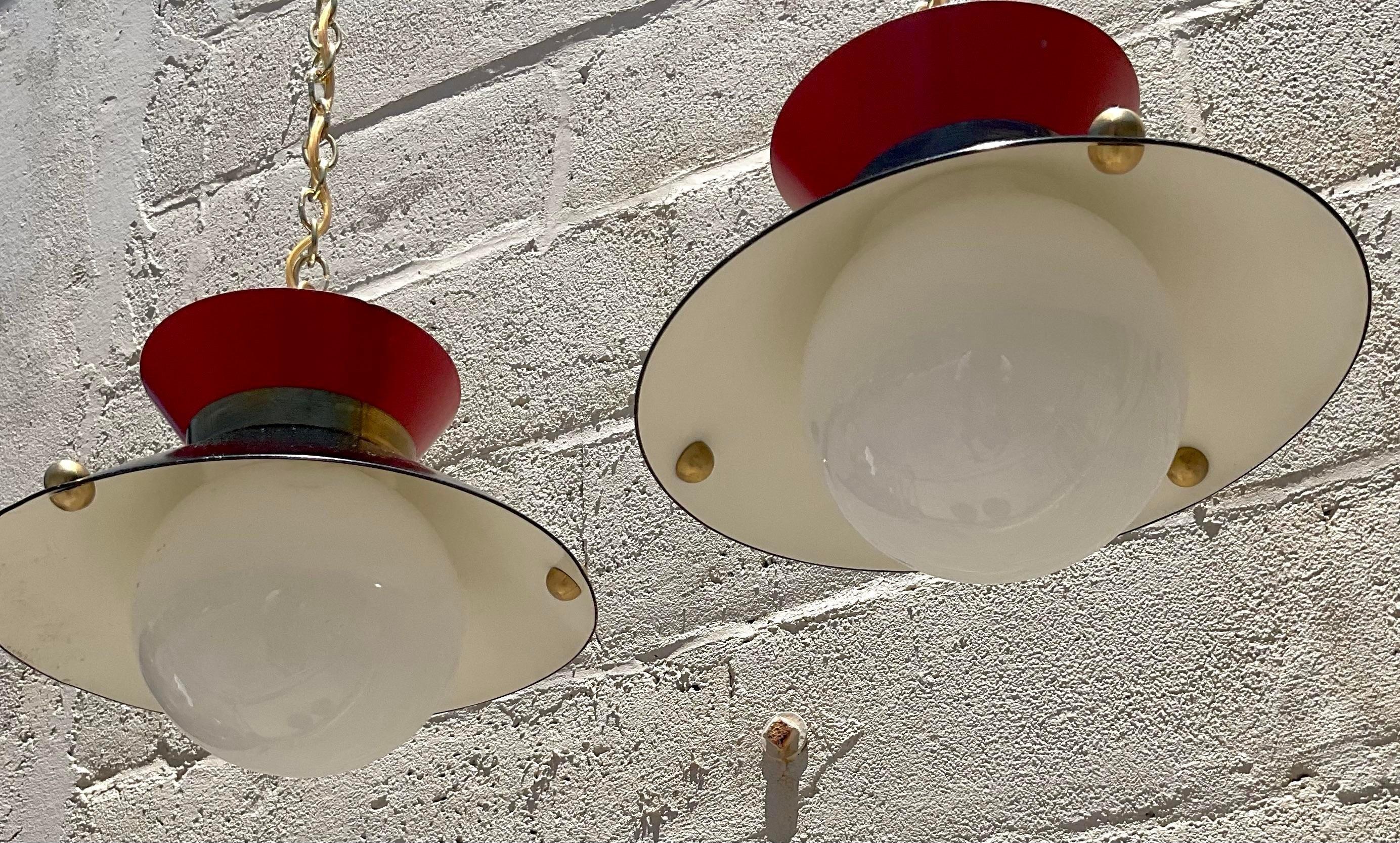 American Vintage Mid 20th Century Brass Ring Pendant Lights - a Pair For Sale