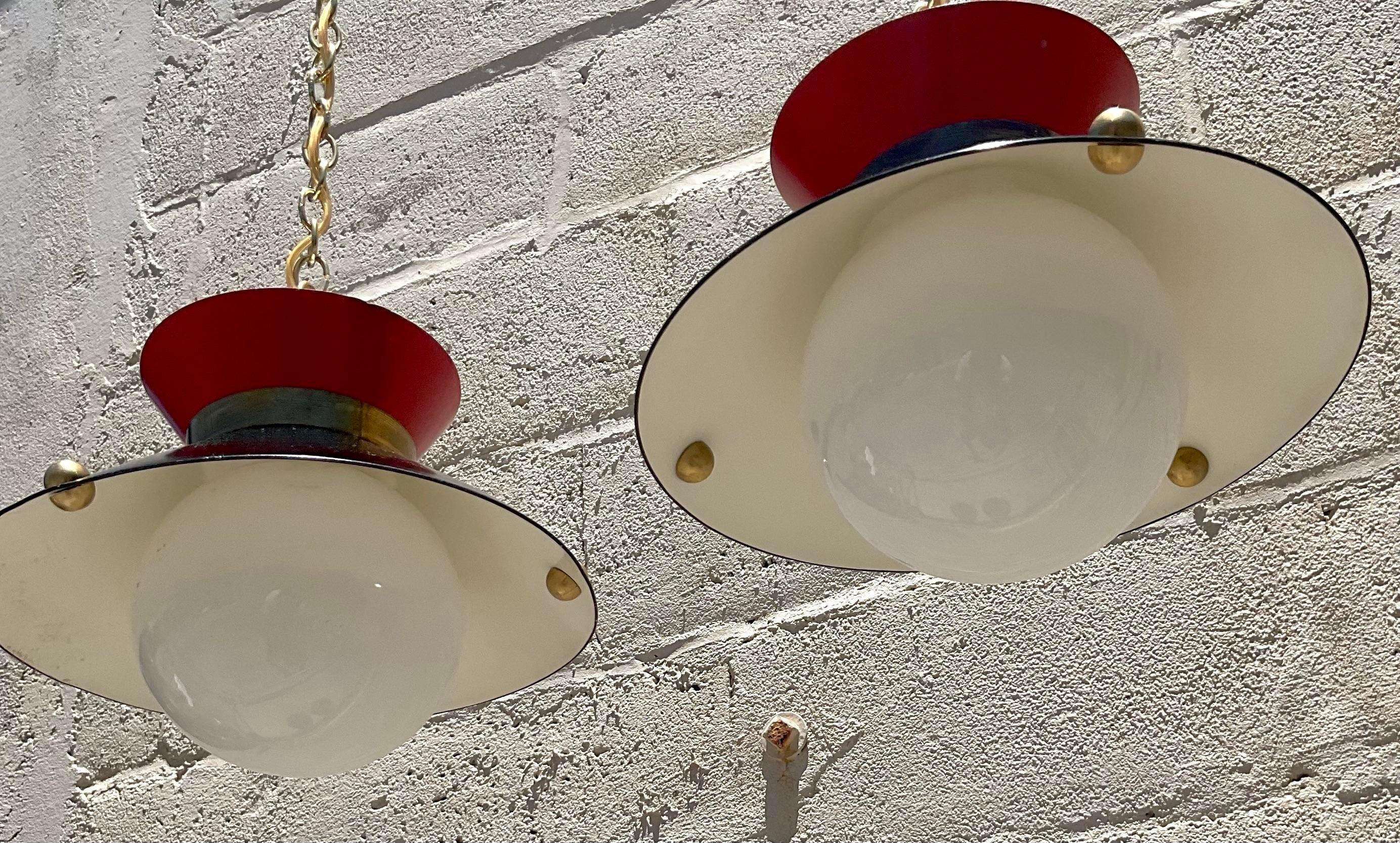 American Vintage Mid 20th Century Brass Ring Pendant Lights - a Pair
