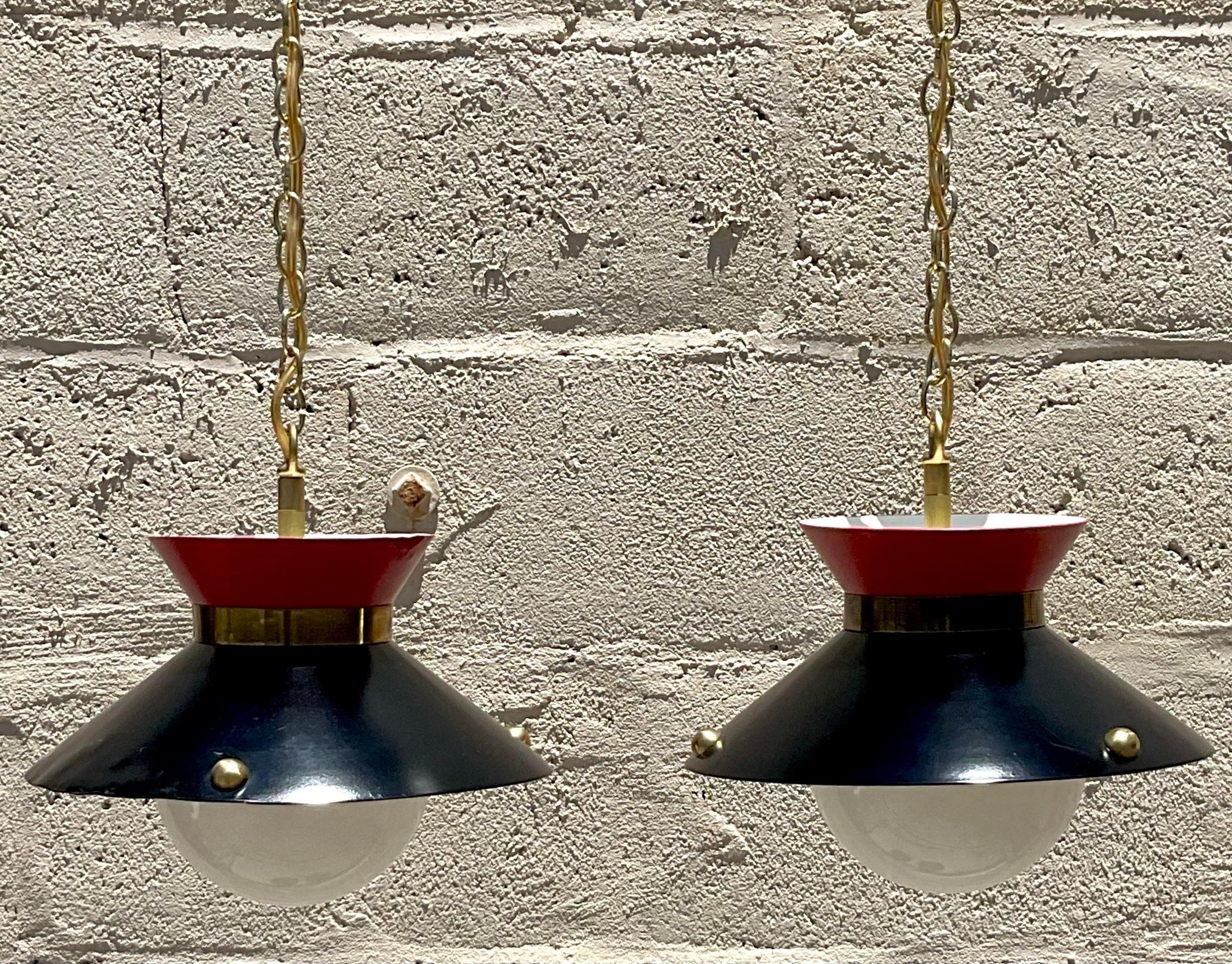 Vintage Mid 20th Century Brass Ring Pendant Lights - a Pair In Good Condition For Sale In west palm beach, FL