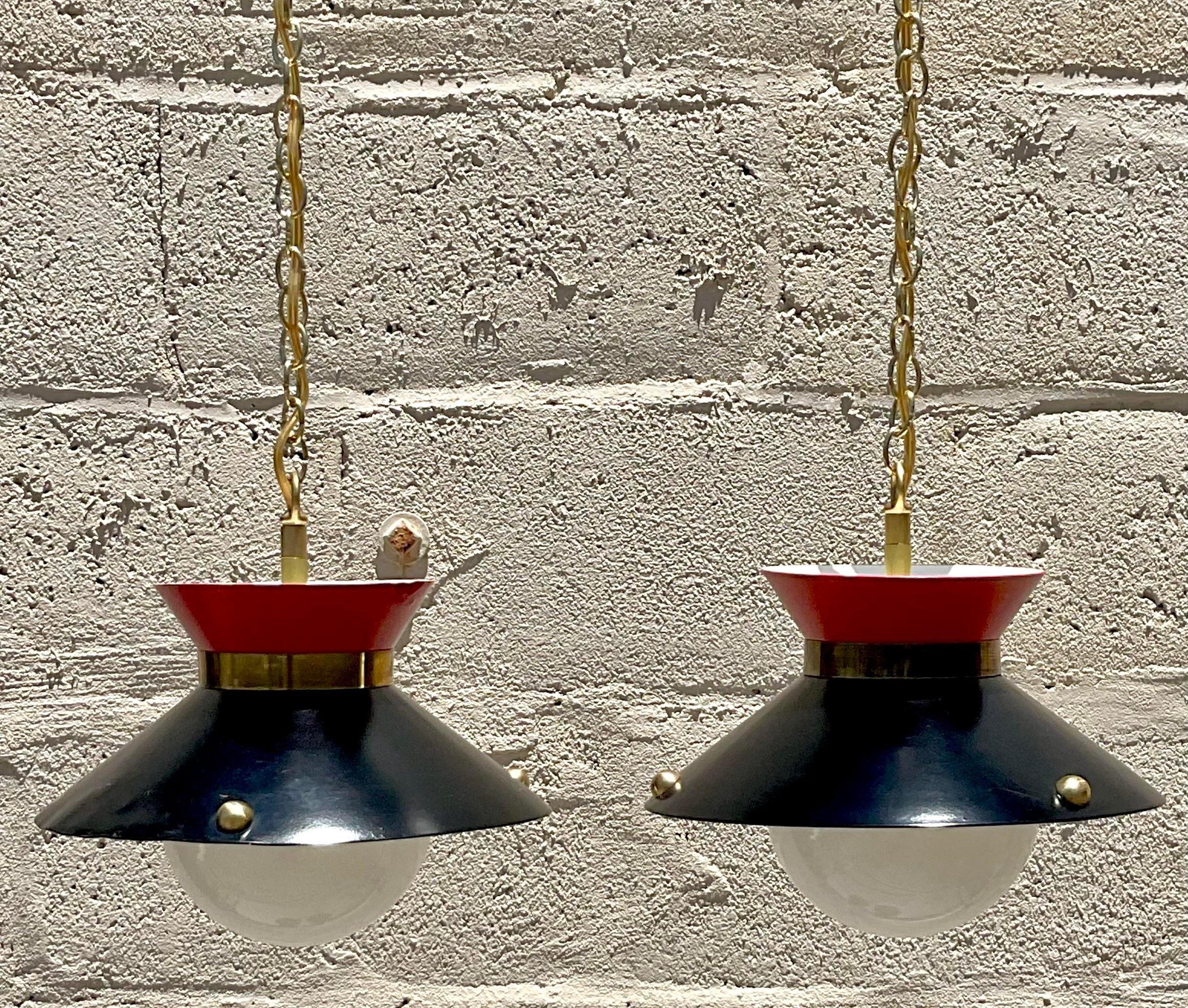 Metal Vintage Mid 20th Century Brass Ring Pendant Lights - a Pair