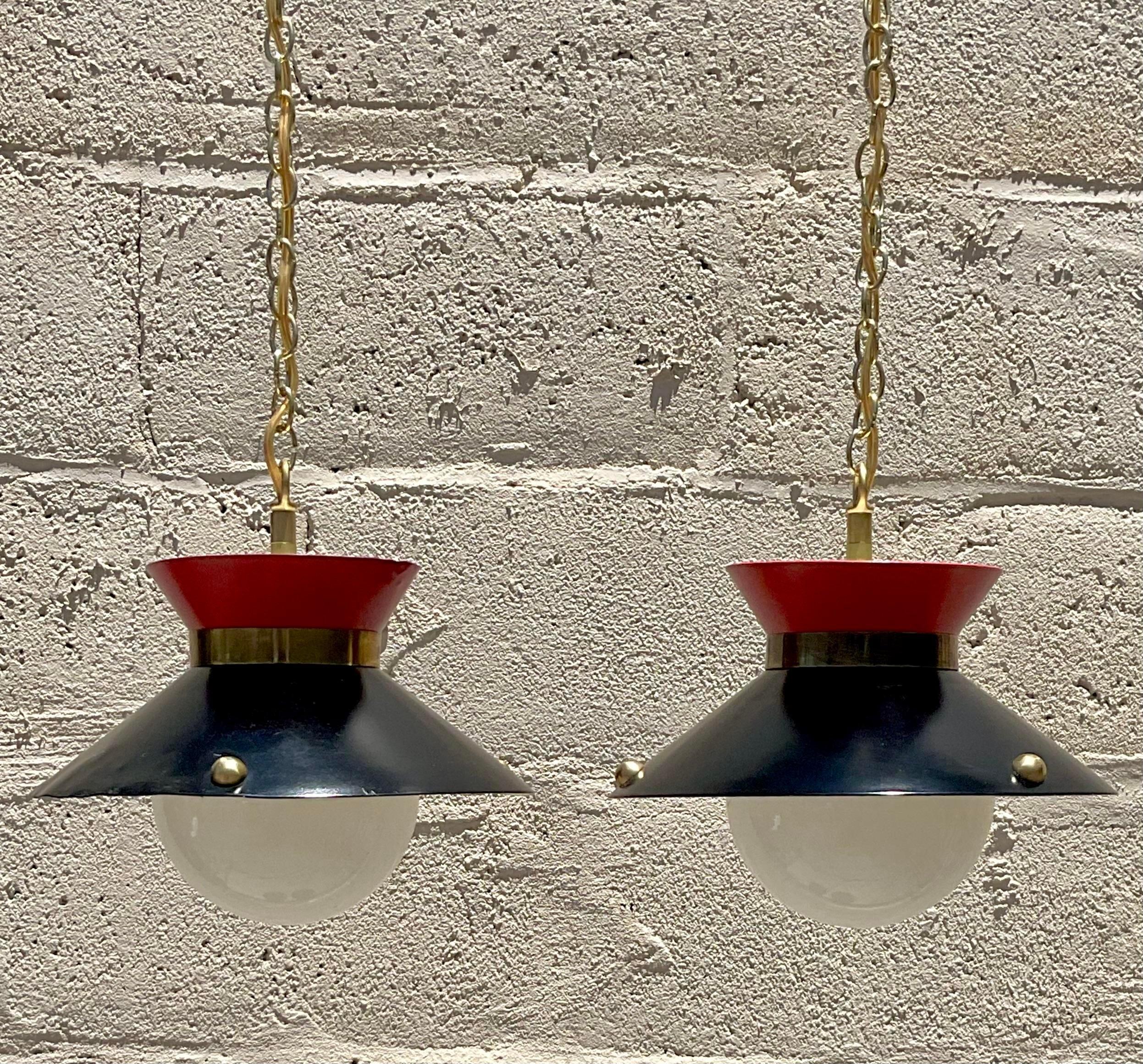 Vintage Mid 20th Century Brass Ring Pendant Lights - a Pair For Sale 1