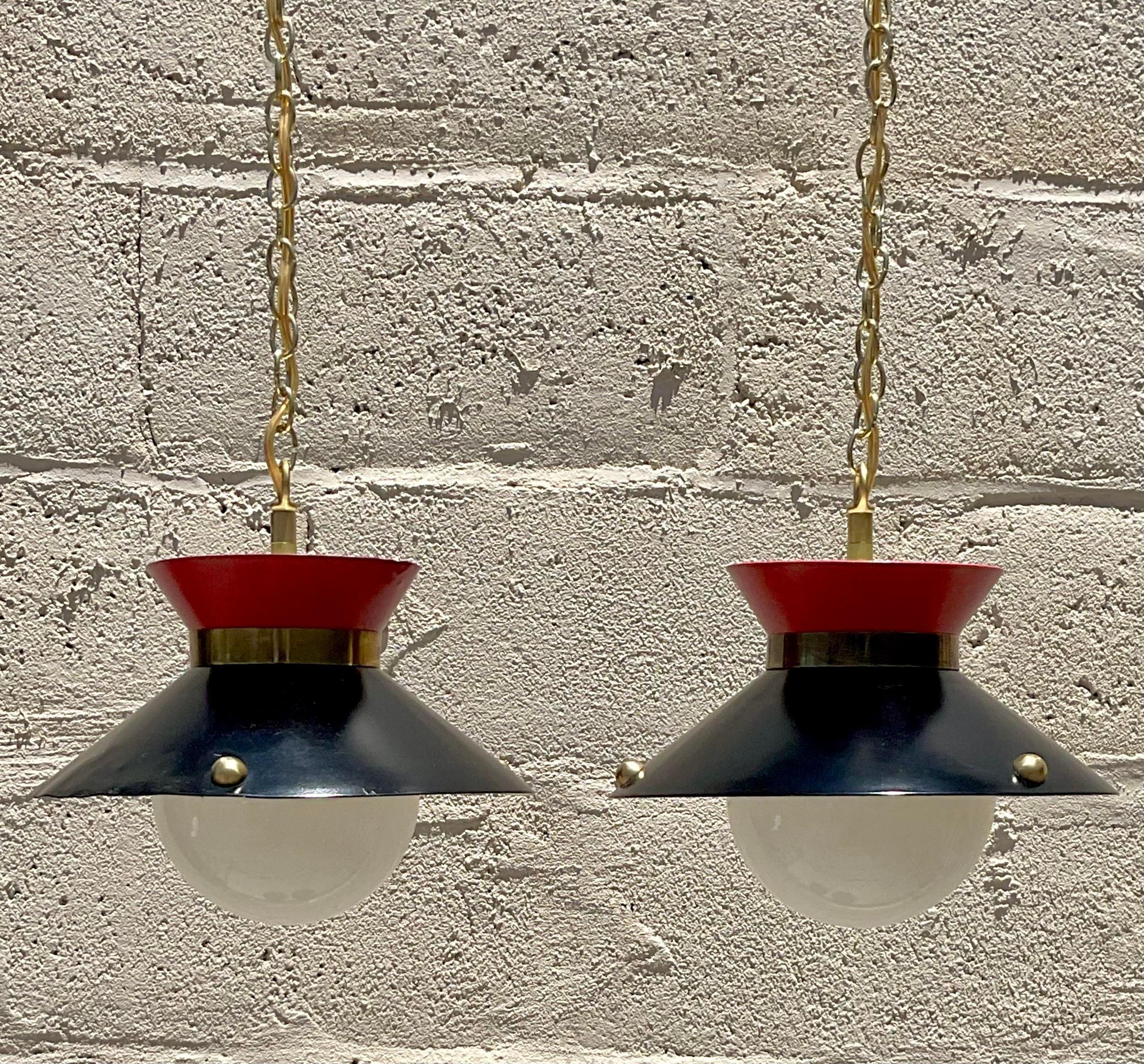 Vintage Mid 20th Century Brass Ring Pendant Lights - a Pair 1