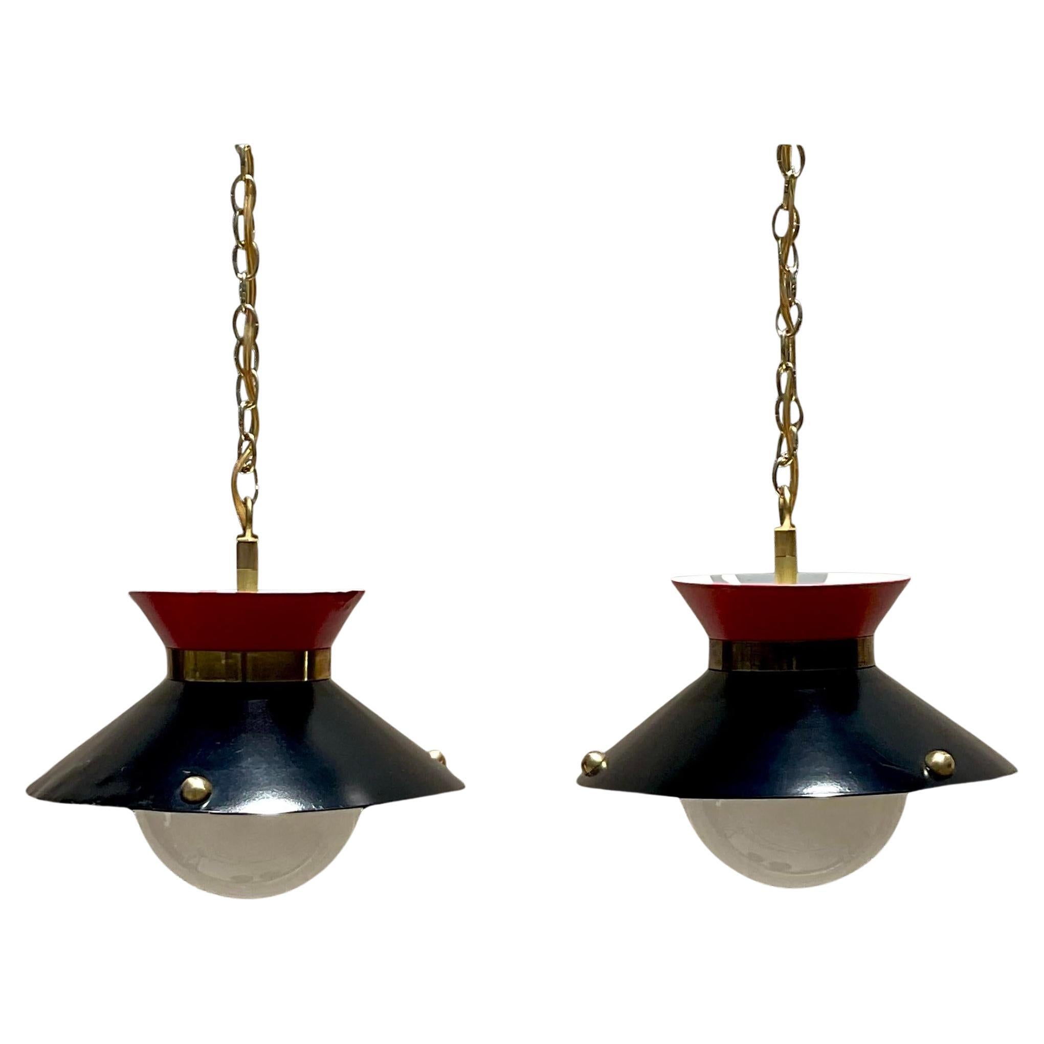 Vintage Mid 20th Century Brass Ring Pendant Lights - a Pair For Sale