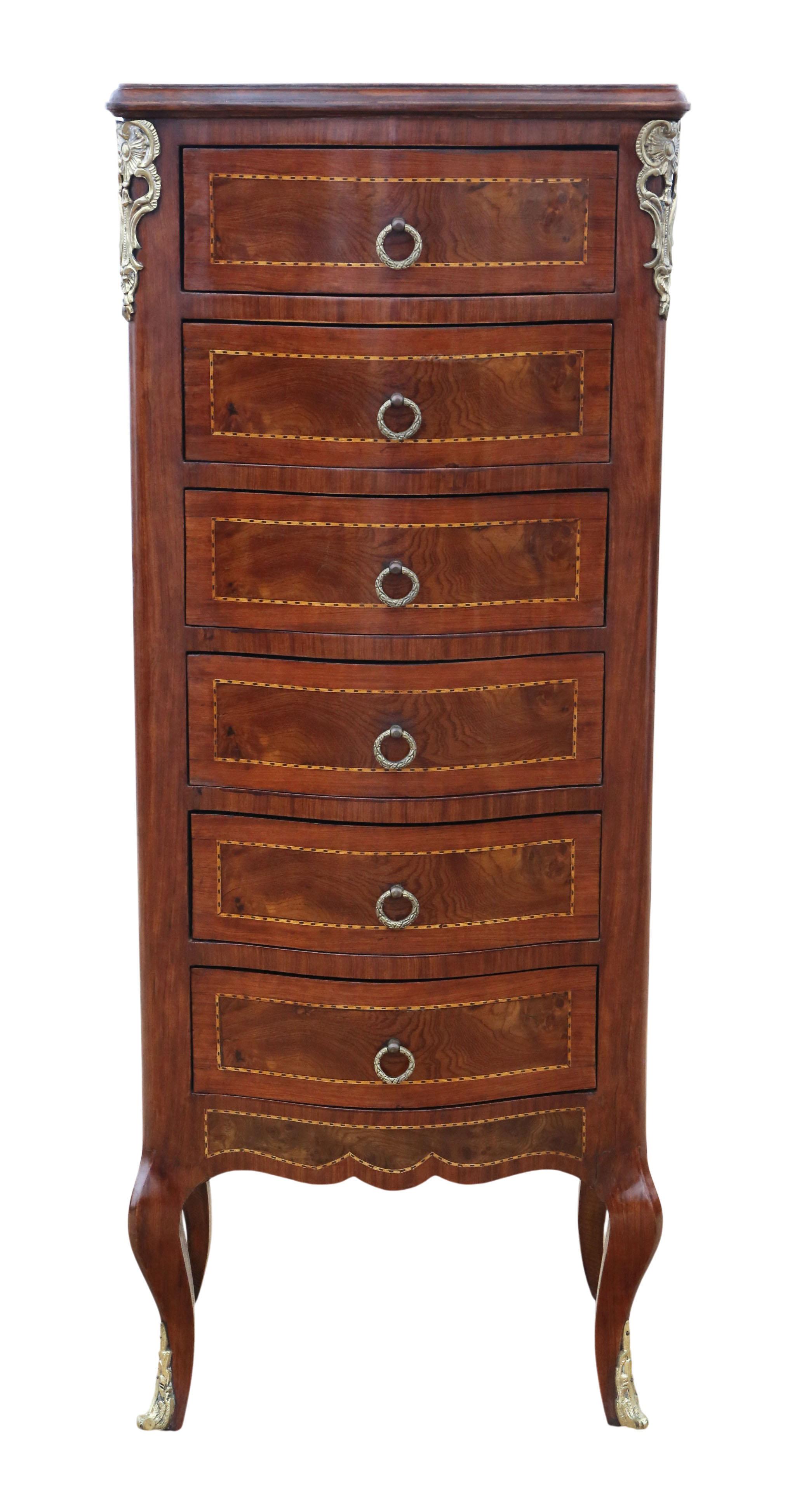 Britannique Vintage Mid-20th Century Ronce de noyer Serpentine Commode Wellington à six tiroirs en vente