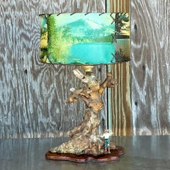 Vintage Mid 20th Century Driftwood Lamp With Scenic Shade